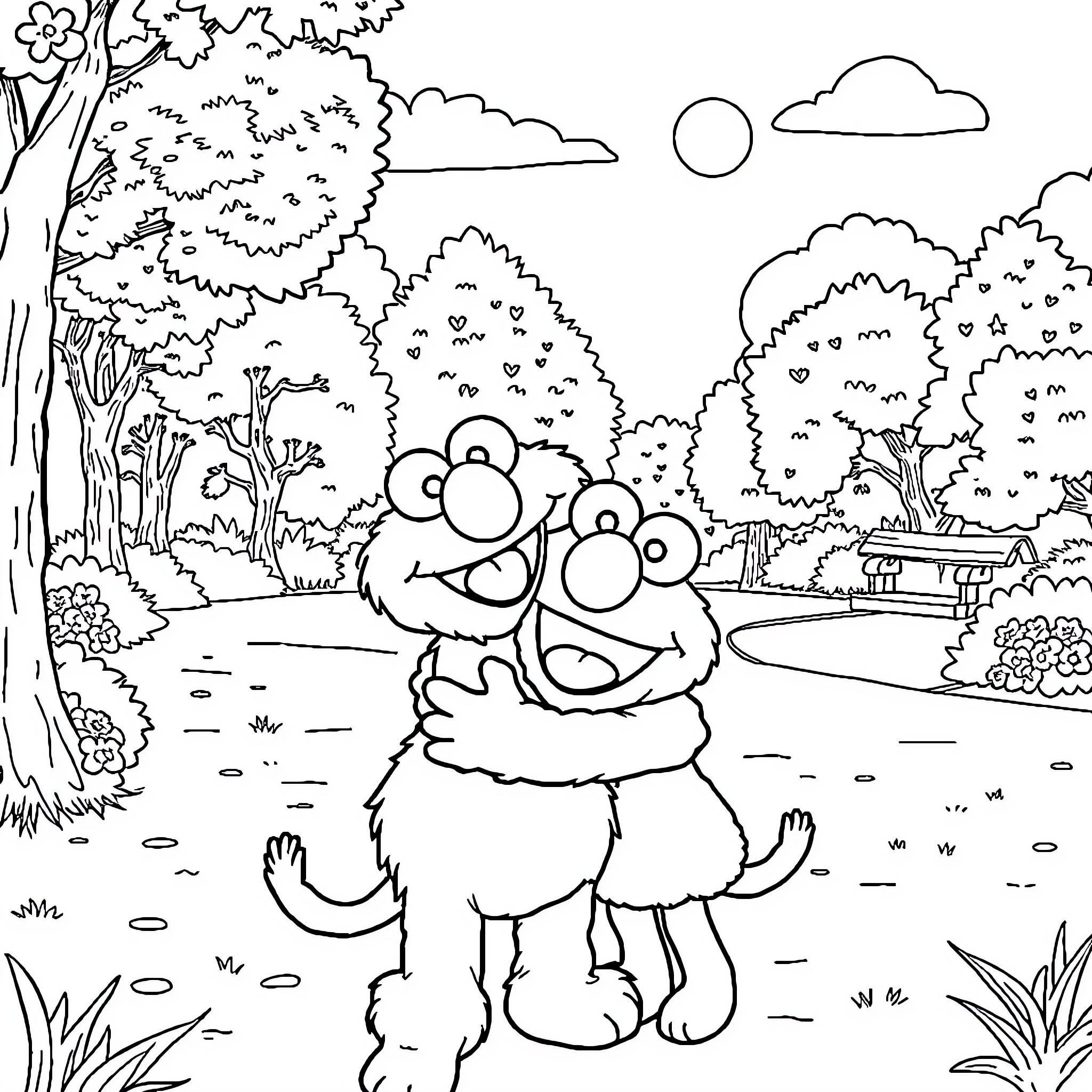 Elmo embracing friends in nature Coloring Page (free black-and-white line drawing printable PDF for all, from beginners to advanced learners, including children, teens, adults, and seniors)
