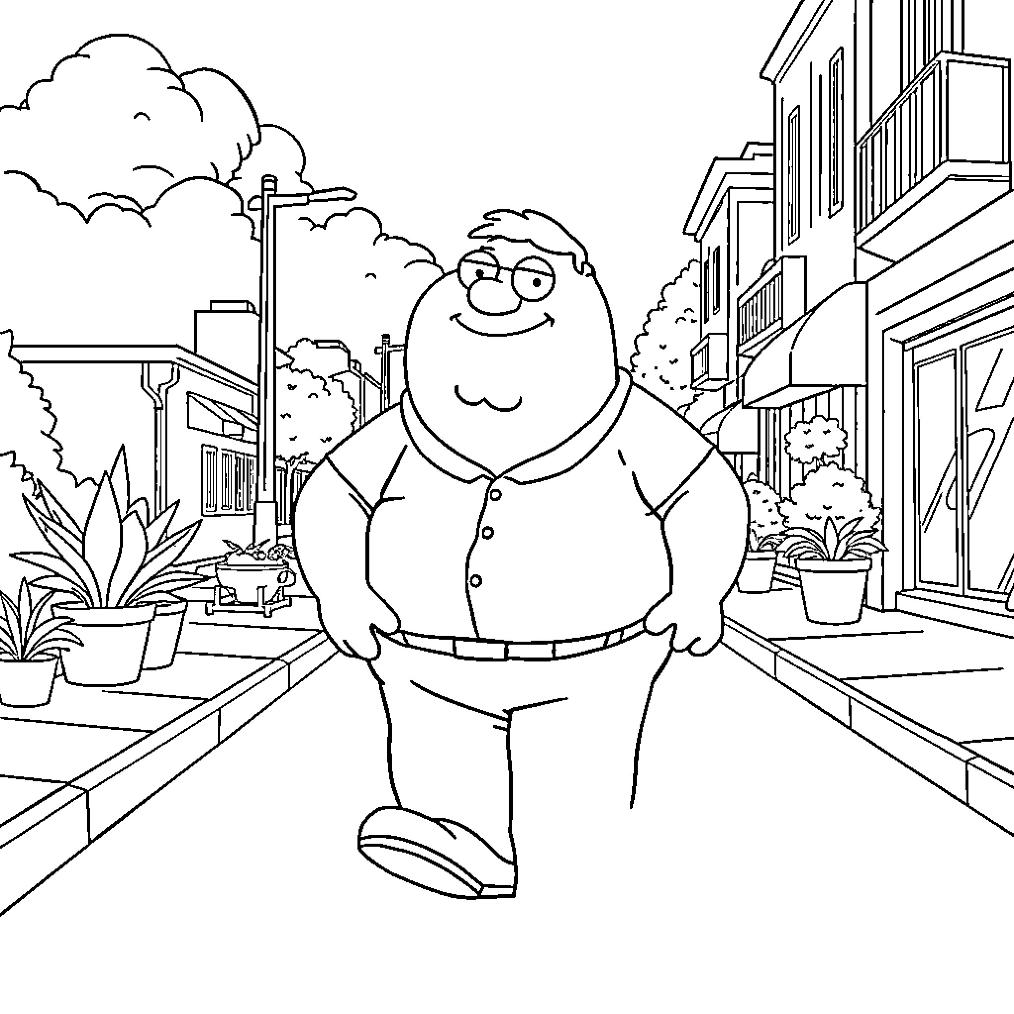 Peter Griffin in a Cheerful Neighborhood Scene Coloring Page (free black-and-white line drawing printable PDF for all, from beginners to advanced learners, including children, teens, adults, and seniors)
