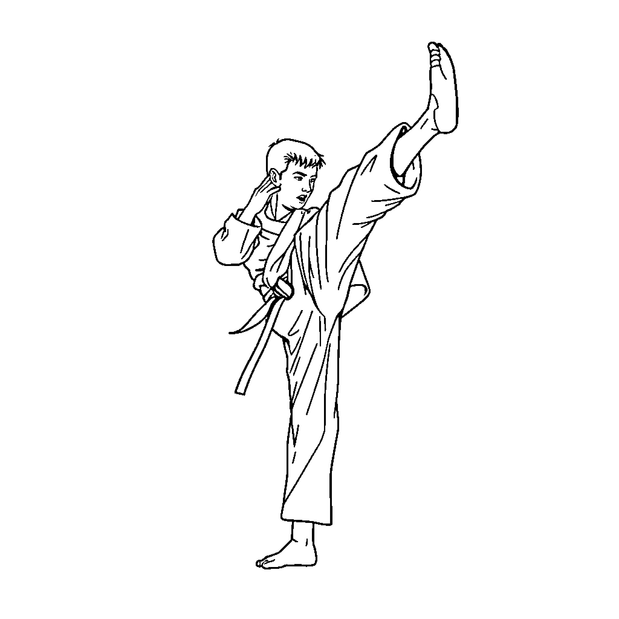 Karate Person Performing Powerful Kick Coloring Page (free black-and-white line drawing printable PDF for all, from beginners to advanced learners, including children, teens, adults, and seniors)