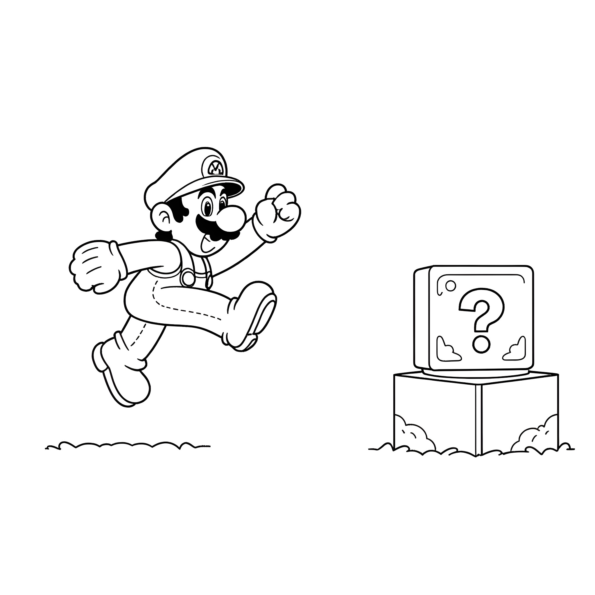 Super Mario jumping in front of a Question Block Coloring Page (free black-and-white line drawing printable PDF for all, from beginners to advanced learners, including children, teens, adults, and seniors)