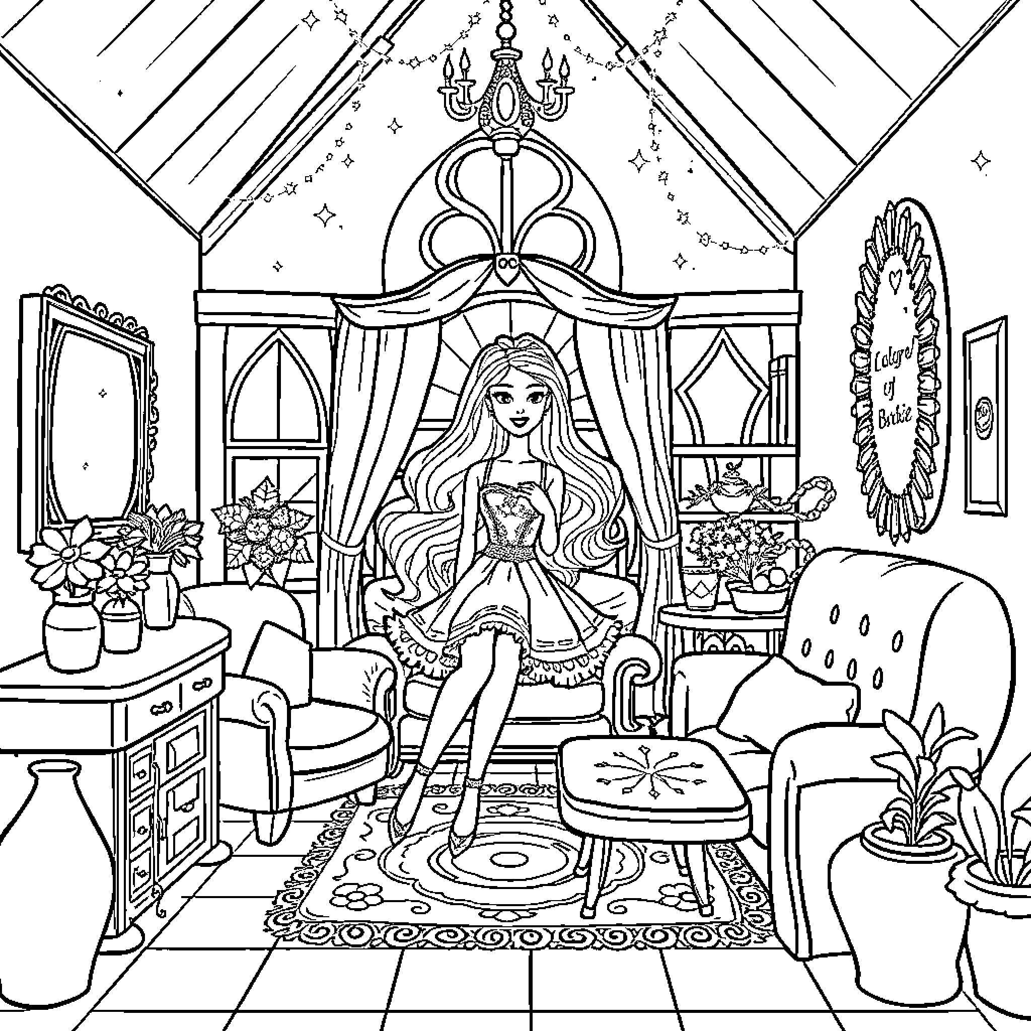 Barbie's Elegant Bedroom Adventure Coloring Page (free black-and-white line drawing printable PDF for all, from beginners to advanced learners, including children, teens, adults, and seniors)