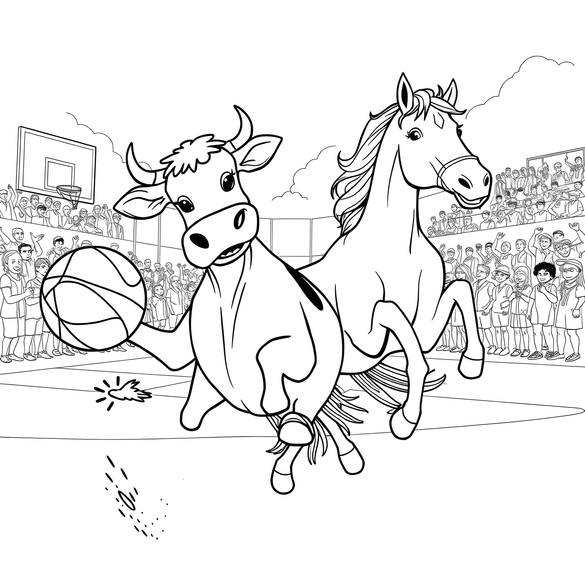 Cow and horse playing basketball on court Coloring Page (free black-and-white line drawing printable PDF for all, from beginners to advanced learners, including children, teens, adults, and seniors)