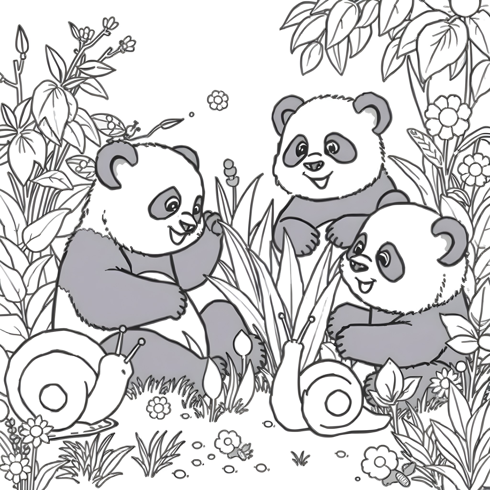 Panda family playing in the floral garden Coloring Page (free black-and-white line drawing printable PDF for all, from beginners to advanced learners, including children, teens, adults, and seniors)