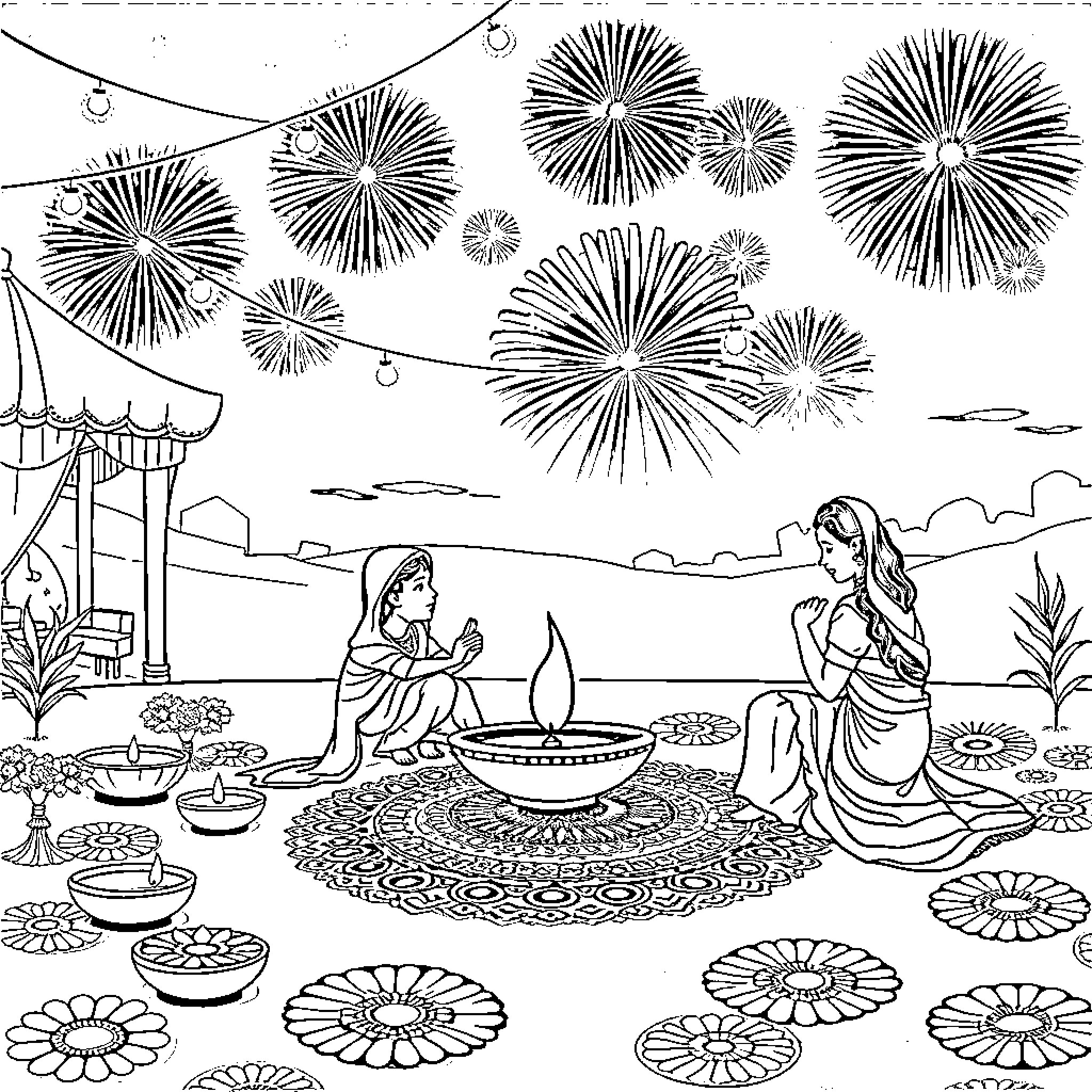Diwali celebration with fireworks and festive rituals Coloring Page (free black-and-white line drawing printable PDF for all, from beginners to advanced learners, including children, teens, adults, and seniors)
