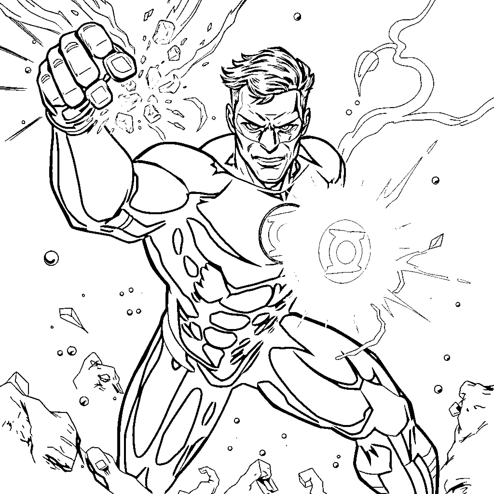 Green Lantern unleashes powerful energy blast Coloring Page (free black-and-white line drawing printable PDF for all, from beginners to advanced learners, including children, teens, adults, and seniors)