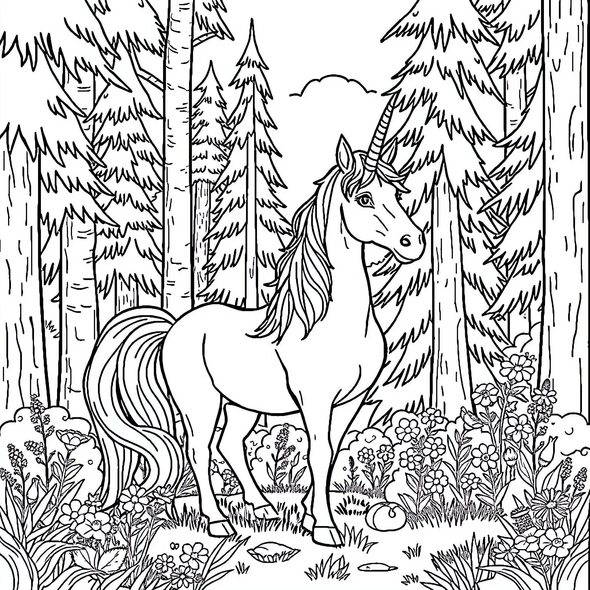Unicorn admiring the enchanted forest Coloring Page (free black-and-white line drawing printable PDF for all, from beginners to advanced learners, including children, teens, adults, and seniors)
