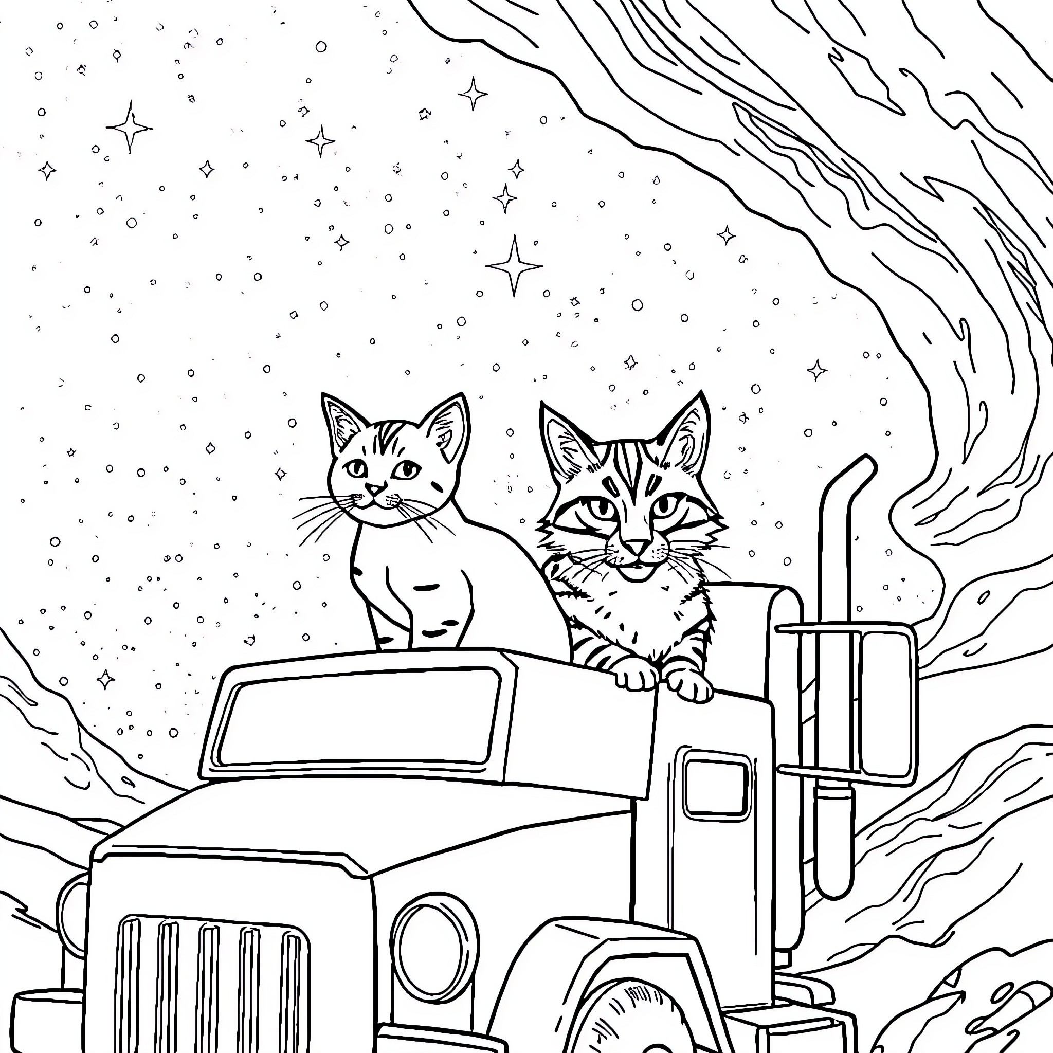 Cats exploring snowy landscape in a truck Coloring Page (free black-and-white line drawing printable PDF for all, from beginners to advanced learners, including children, teens, adults, and seniors)