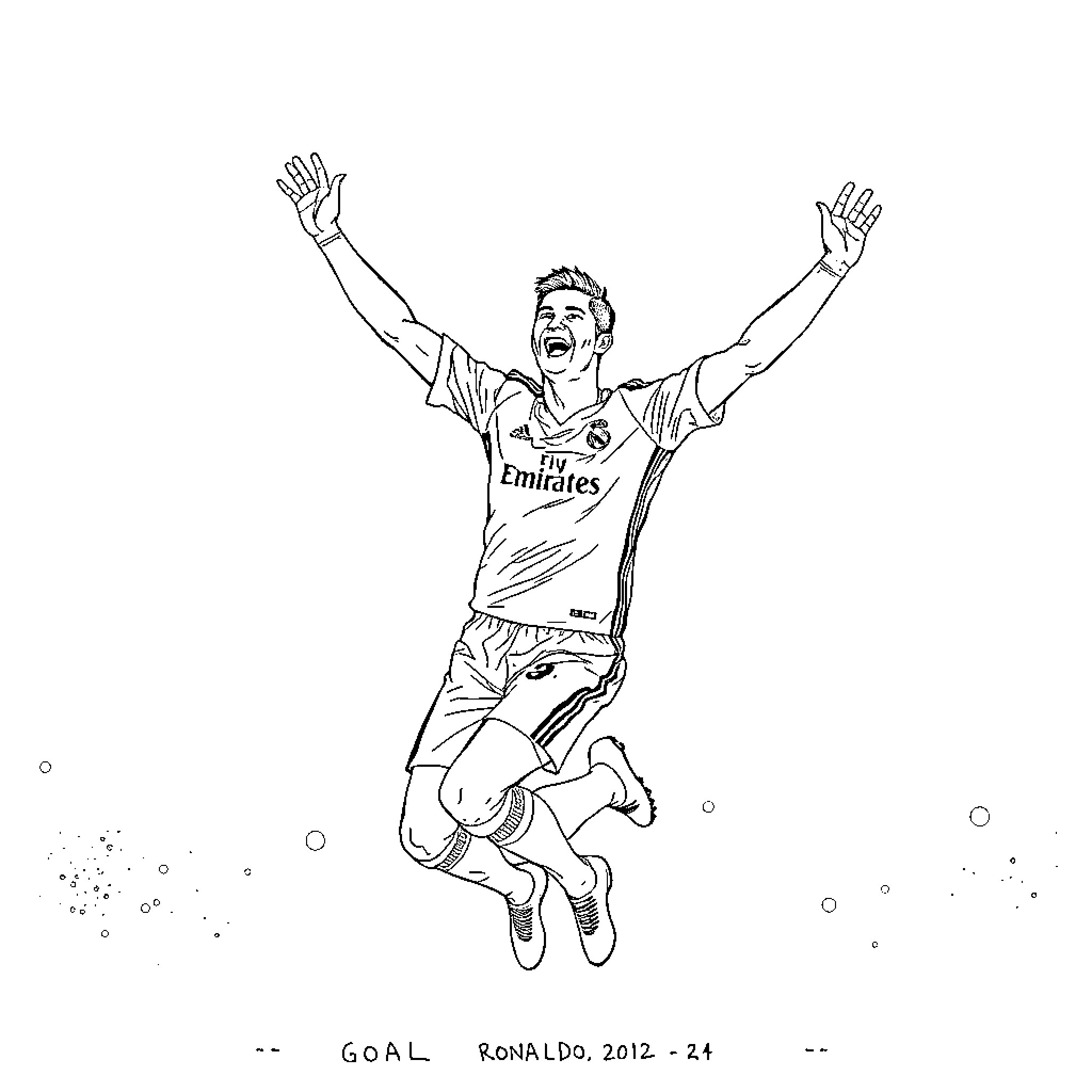 Cristiano Ronaldo celebrating after scoring a goal Coloring Page (free black-and-white line drawing printable PDF for all, from beginners to advanced learners, including children, teens, adults, and seniors)