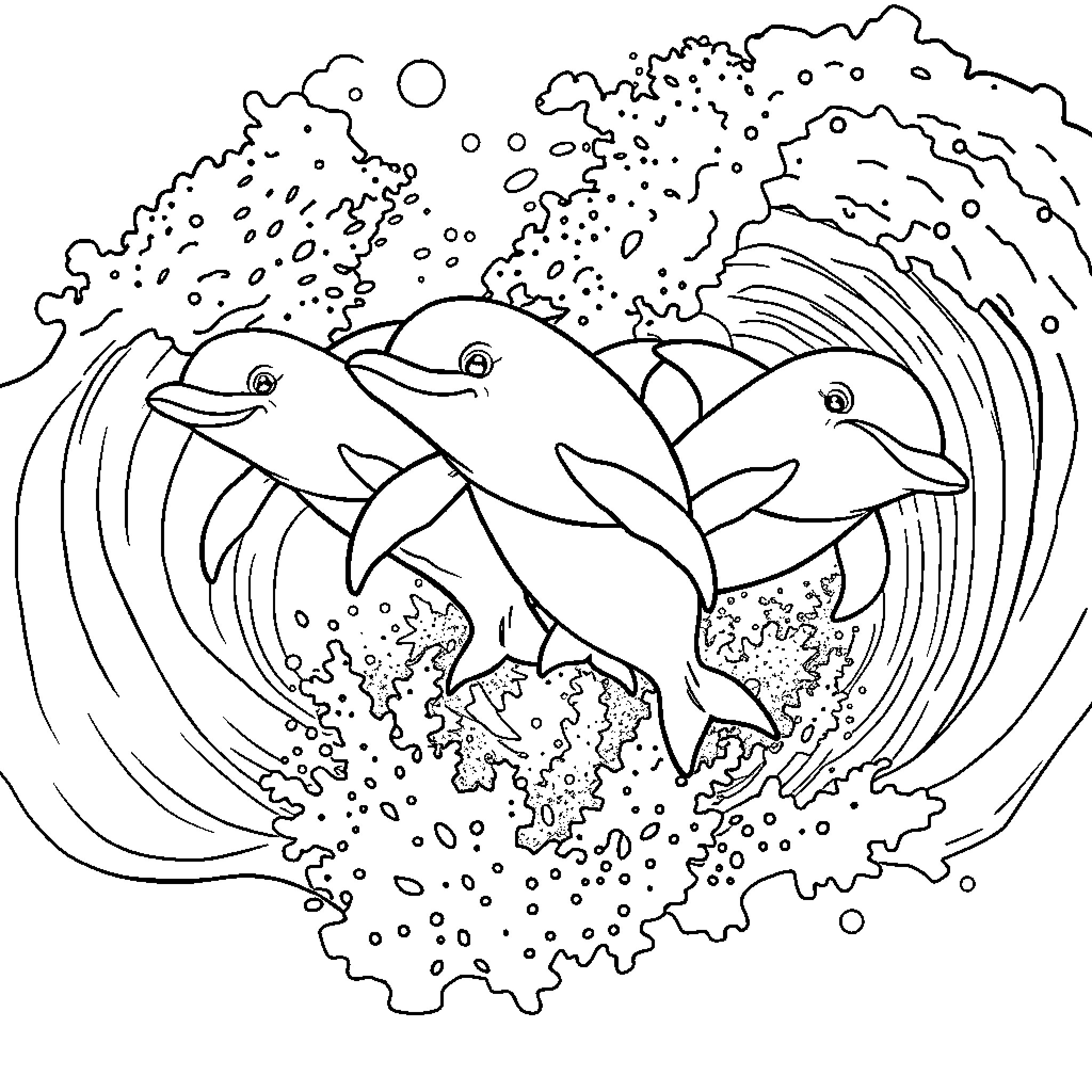 Dolphin trio swimming through ocean waves Coloring Page (free black-and-white line drawing printable PDF for all, from beginners to advanced learners, including children, teens, adults, and seniors)