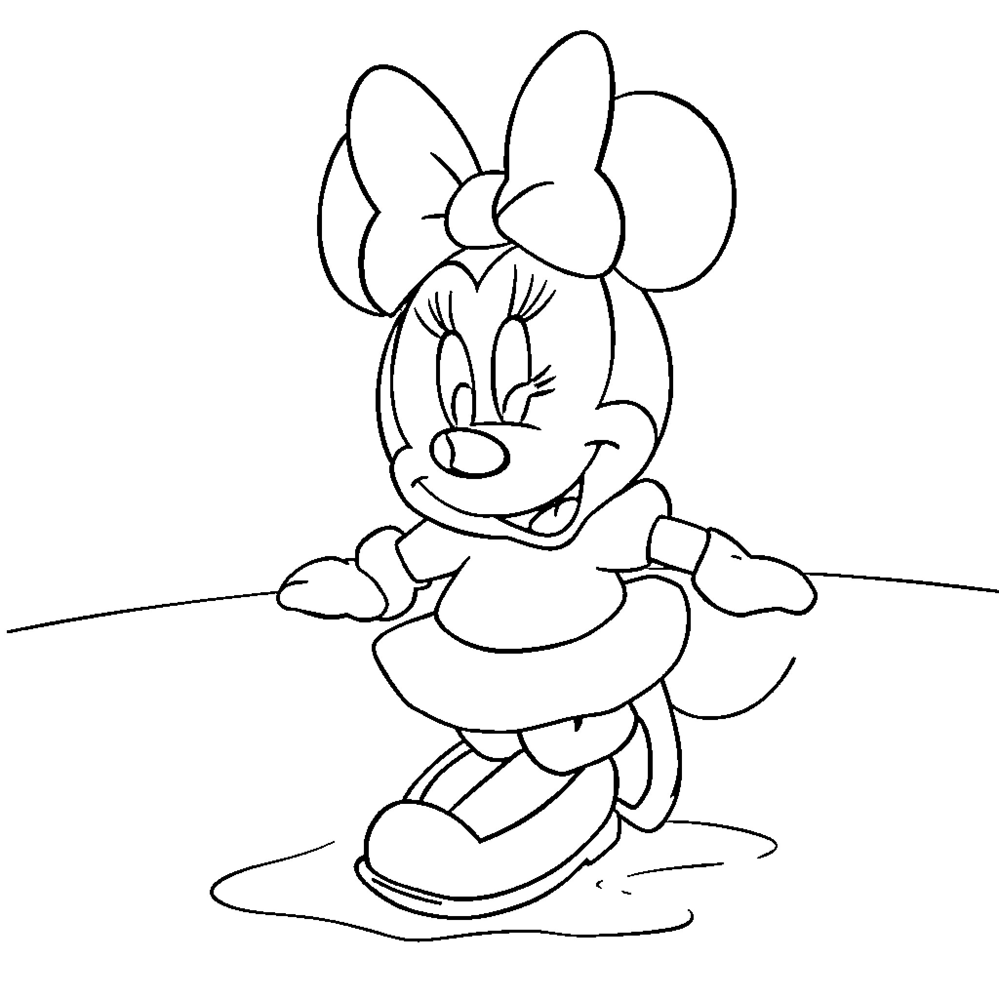 Minnie sitting and smiling cheerfully Coloring Page (free black-and-white line drawing printable PDF for all, from beginners to advanced learners, including children, teens, adults, and seniors)