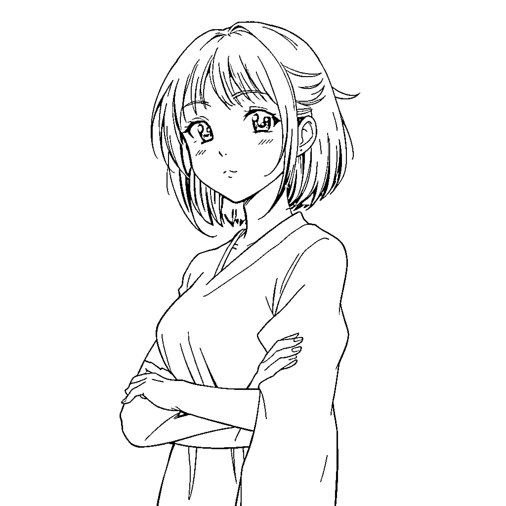 Orihime Inoue with a focused expression Coloring Page (free black-and-white line drawing printable PDF for all, from beginners to advanced learners, including children, teens, adults, and seniors)