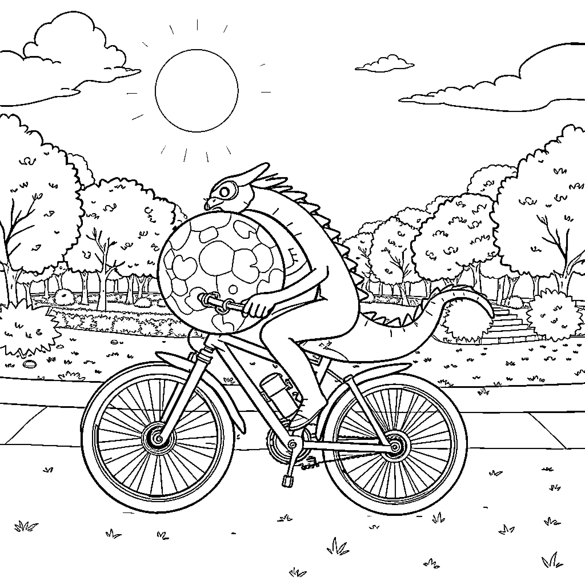 Dragon riding a bicycle through a scenic landscape Coloring Page (free black-and-white line drawing printable PDF for all, from beginners to advanced learners, including children, teens, adults, and seniors)