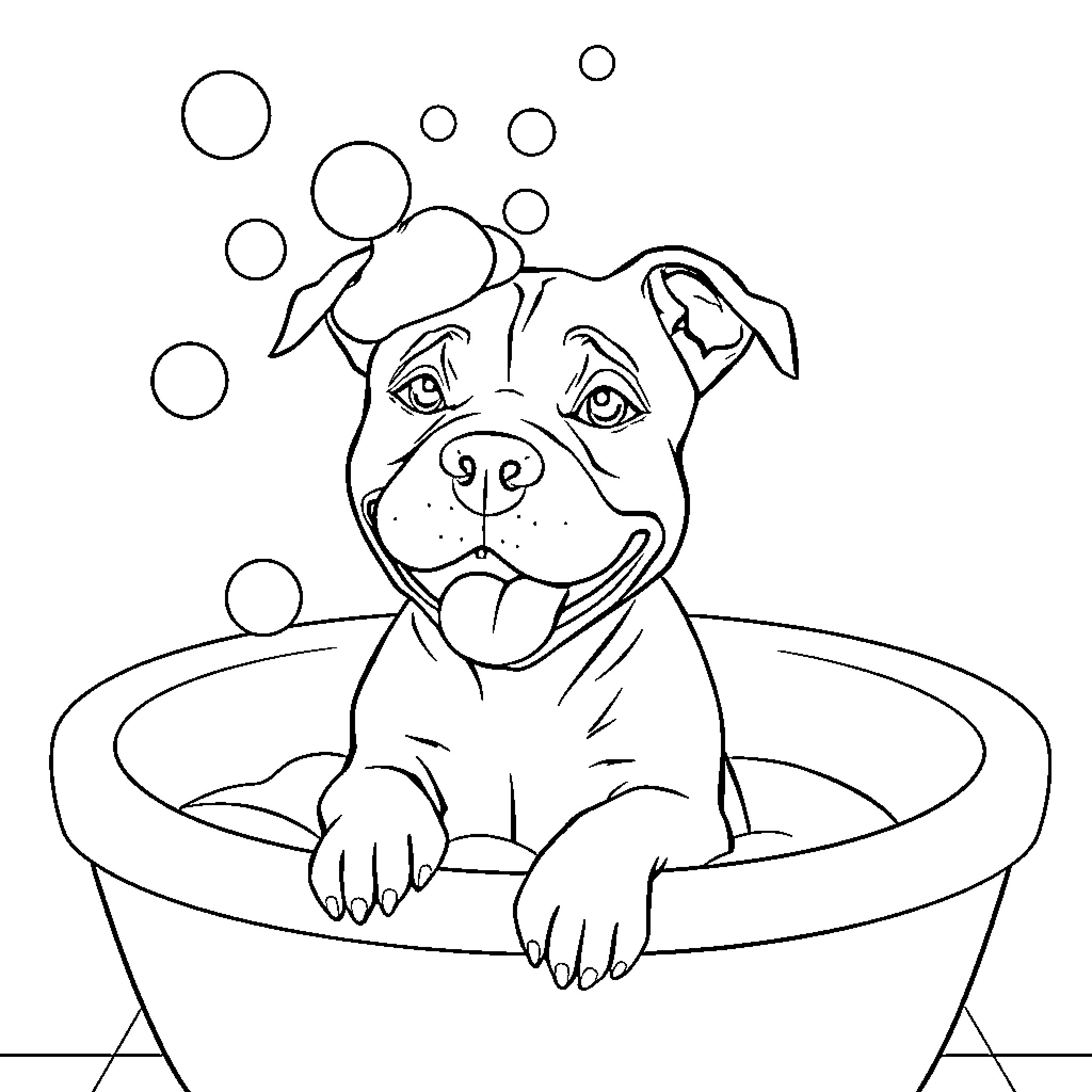 Pitbull playing joyfully in a bubble bath Coloring Page (free black-and-white line drawing printable PDF for all, from beginners to advanced learners, including children, teens, adults, and seniors)