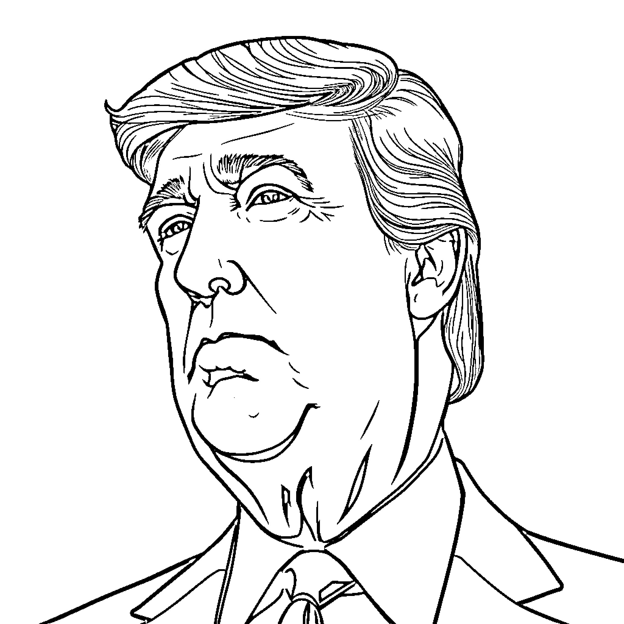 Donald Trump's Serious Expression and Distinct Hairstyle Coloring Page (free black-and-white line drawing printable PDF for all, from beginners to advanced learners, including children, teens, adults, and seniors)