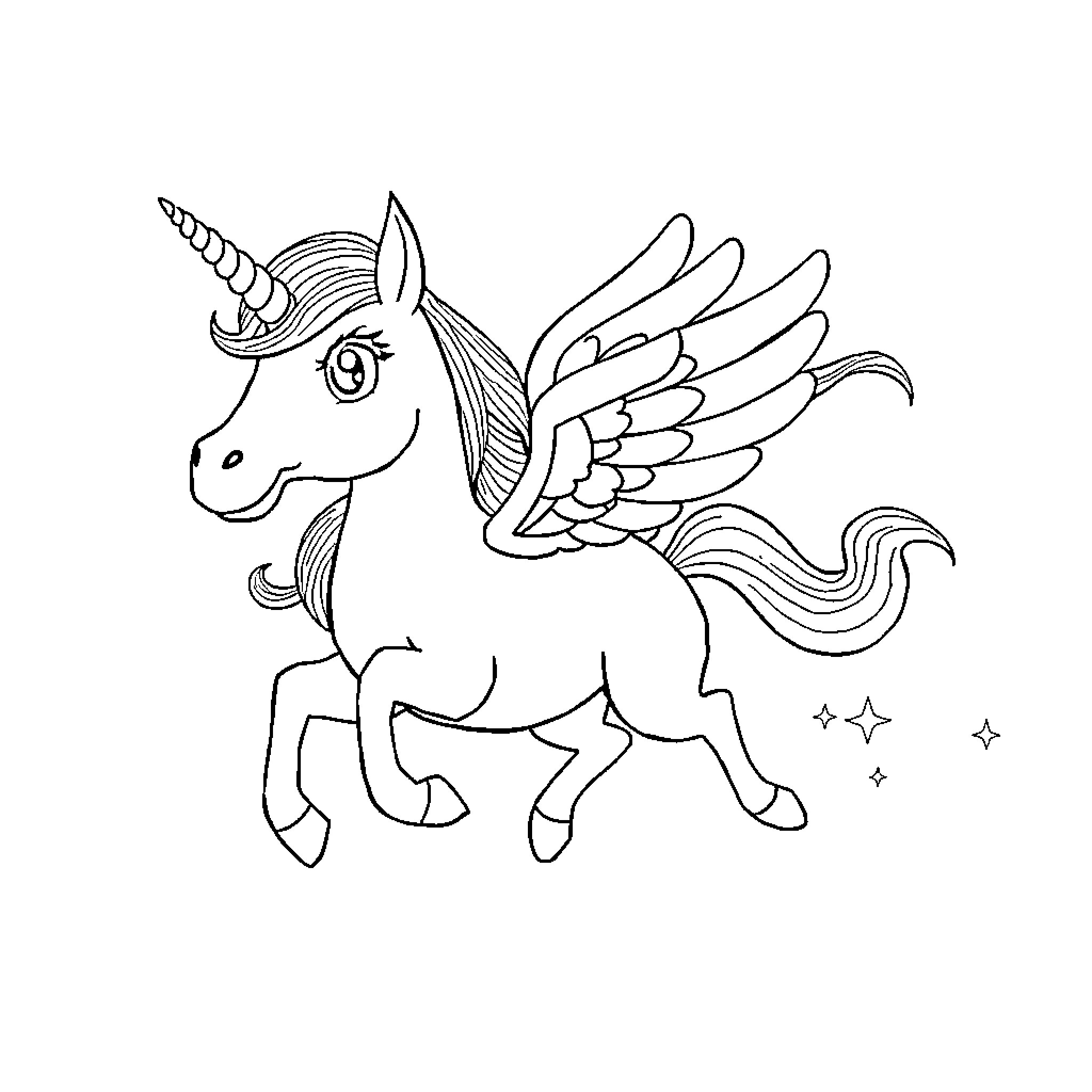 Chimuelo the Winged Unicorn in Motion Coloring Page (free black-and-white line drawing printable PDF for all, from beginners to advanced learners, including children, teens, adults, and seniors)