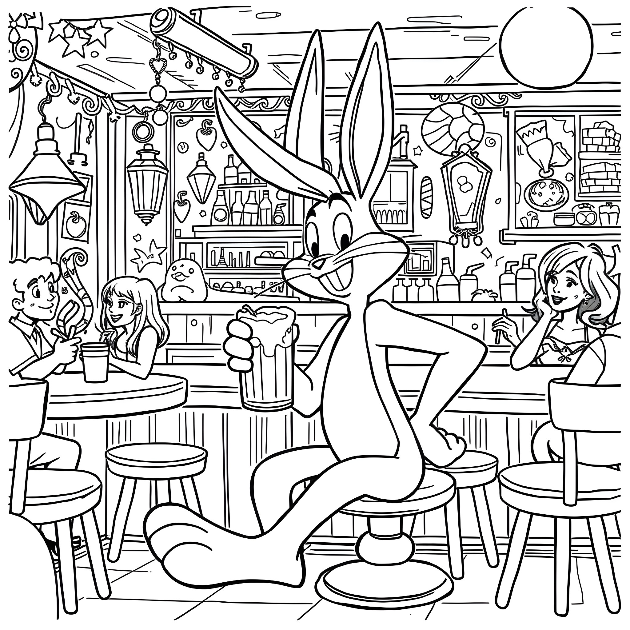 Bugs Bunny lounging at an eclectic cafe with friends Coloring Page (free black-and-white line drawing printable PDF for all, from beginners to advanced learners, including children, teens, adults, and seniors)