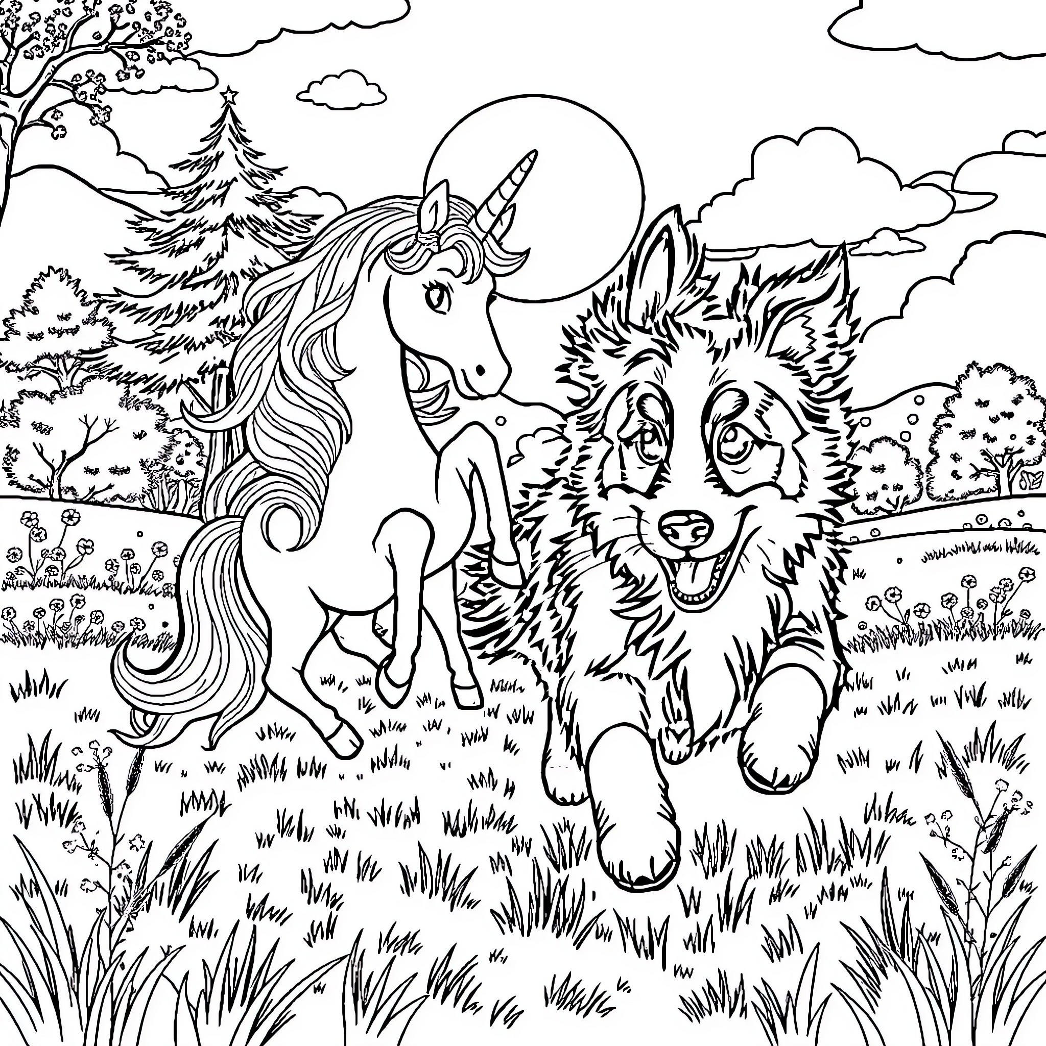 Border Collie and Unicorn Explore Enchanted Forest Coloring Page (free black-and-white line drawing printable PDF for all, from beginners to advanced learners, including children, teens, adults, and seniors)