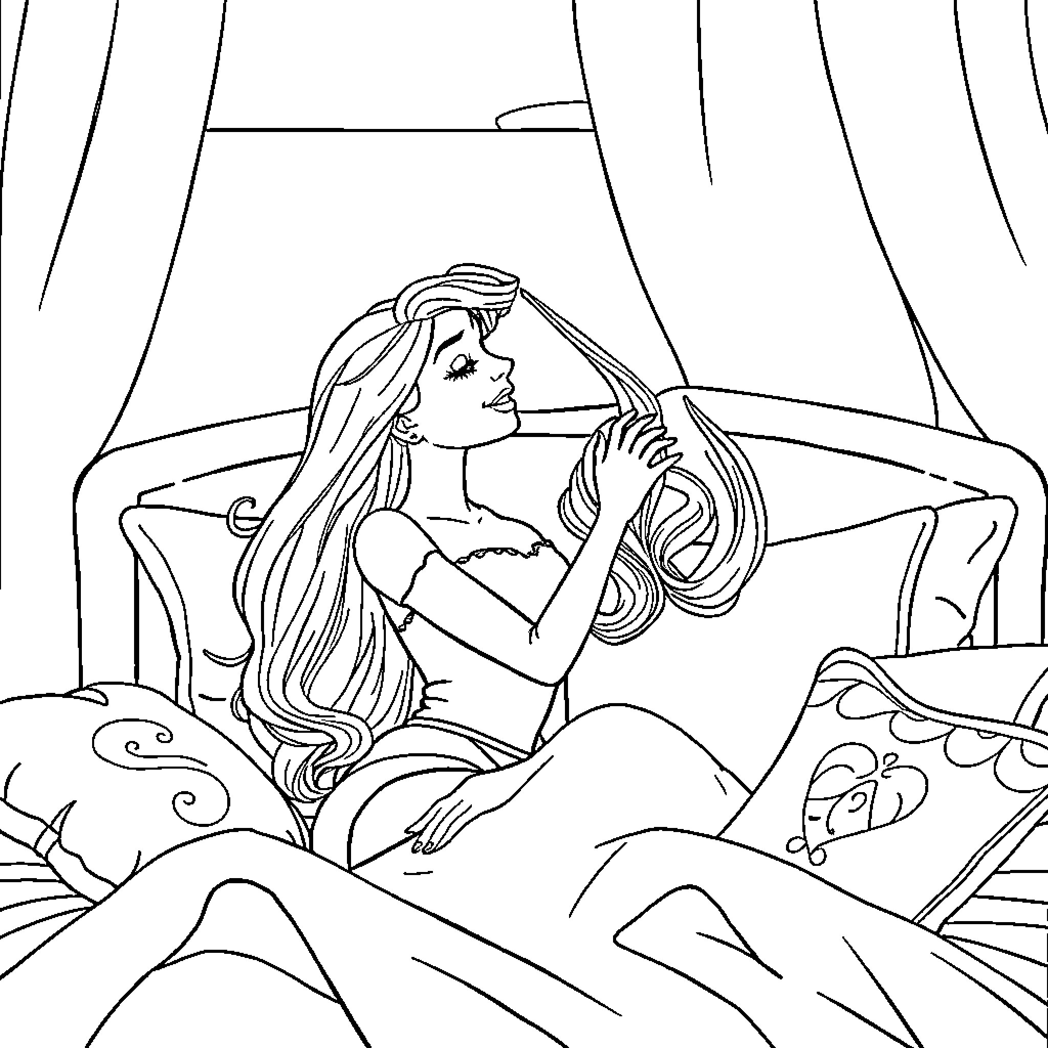Barbie relaxing in her bedroom Coloring Page (free black-and-white line drawing printable PDF for all, from beginners to advanced learners, including children, teens, adults, and seniors)