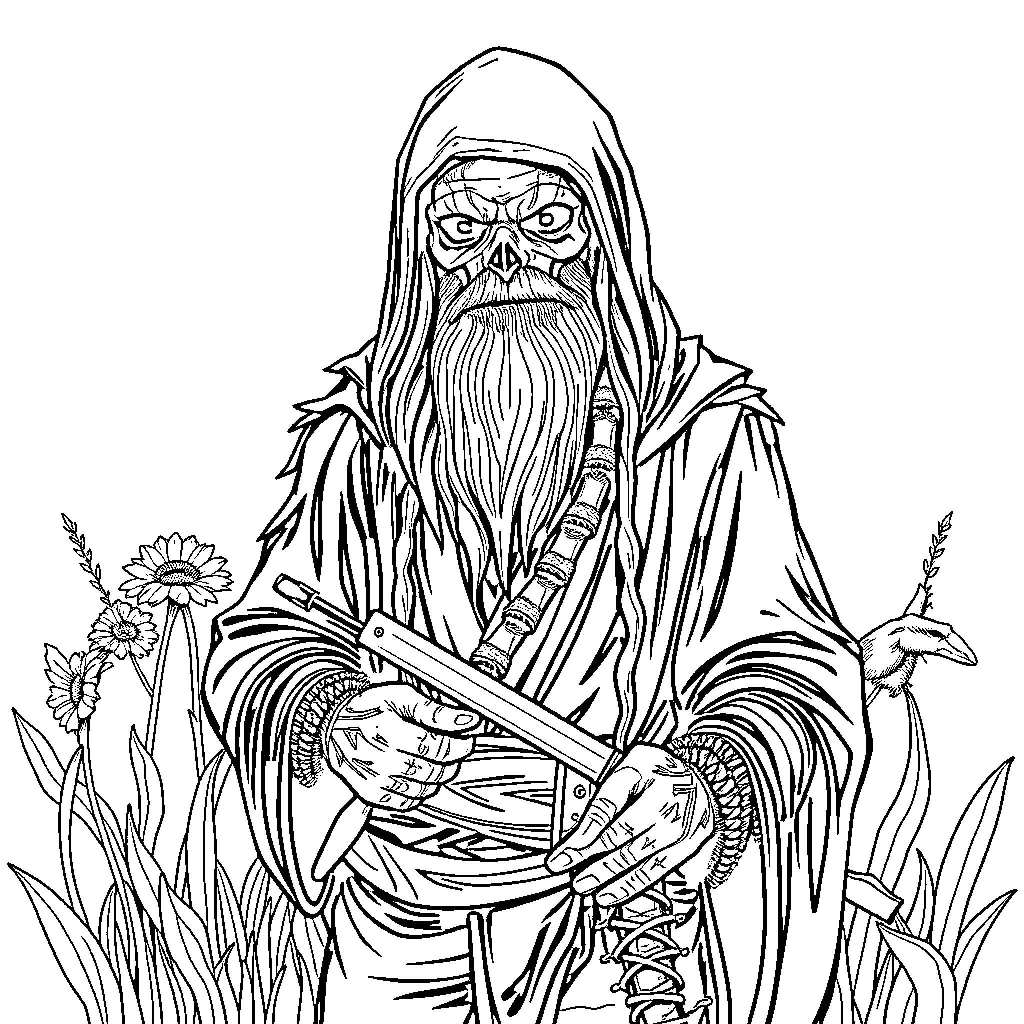 Spider-Man Wizard Casting Spell in Enchanted Garden Coloring Page (free black-and-white line drawing printable PDF for all, from beginners to advanced learners, including children, teens, adults, and seniors)
