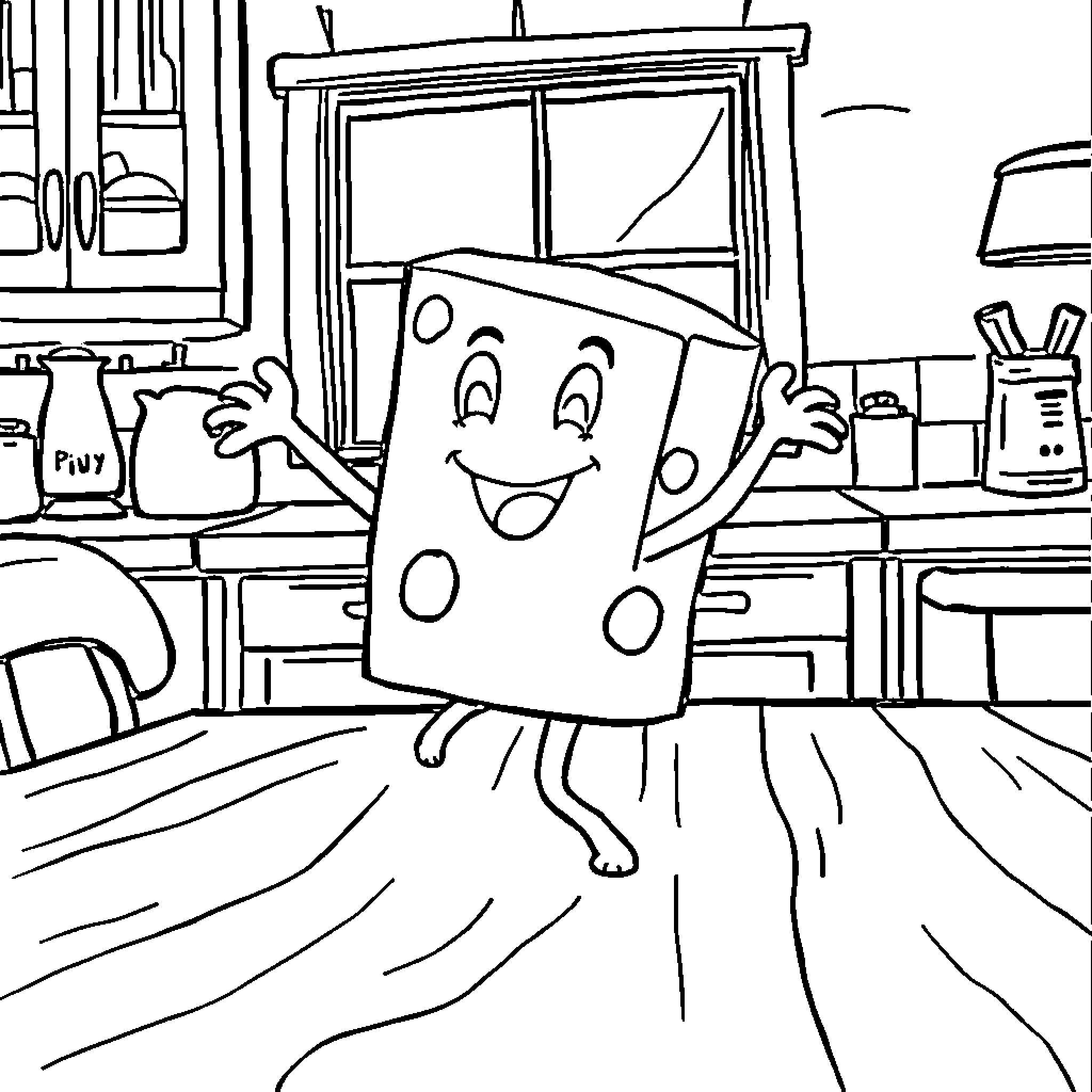 Cheese character dancing happily in kitchen Coloring Page (free black-and-white line drawing printable PDF for all, from beginners to advanced learners, including children, teens, adults, and seniors)