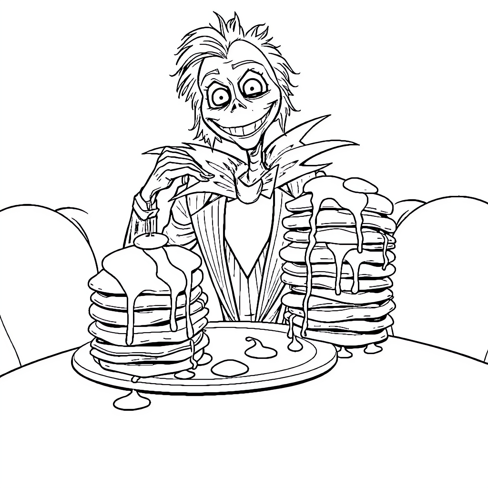 Beetlejuice Enjoying a Spooky Pancake Breakfast Coloring Page (free black-and-white line drawing printable PDF for all, from beginners to advanced learners, including children, teens, adults, and seniors)