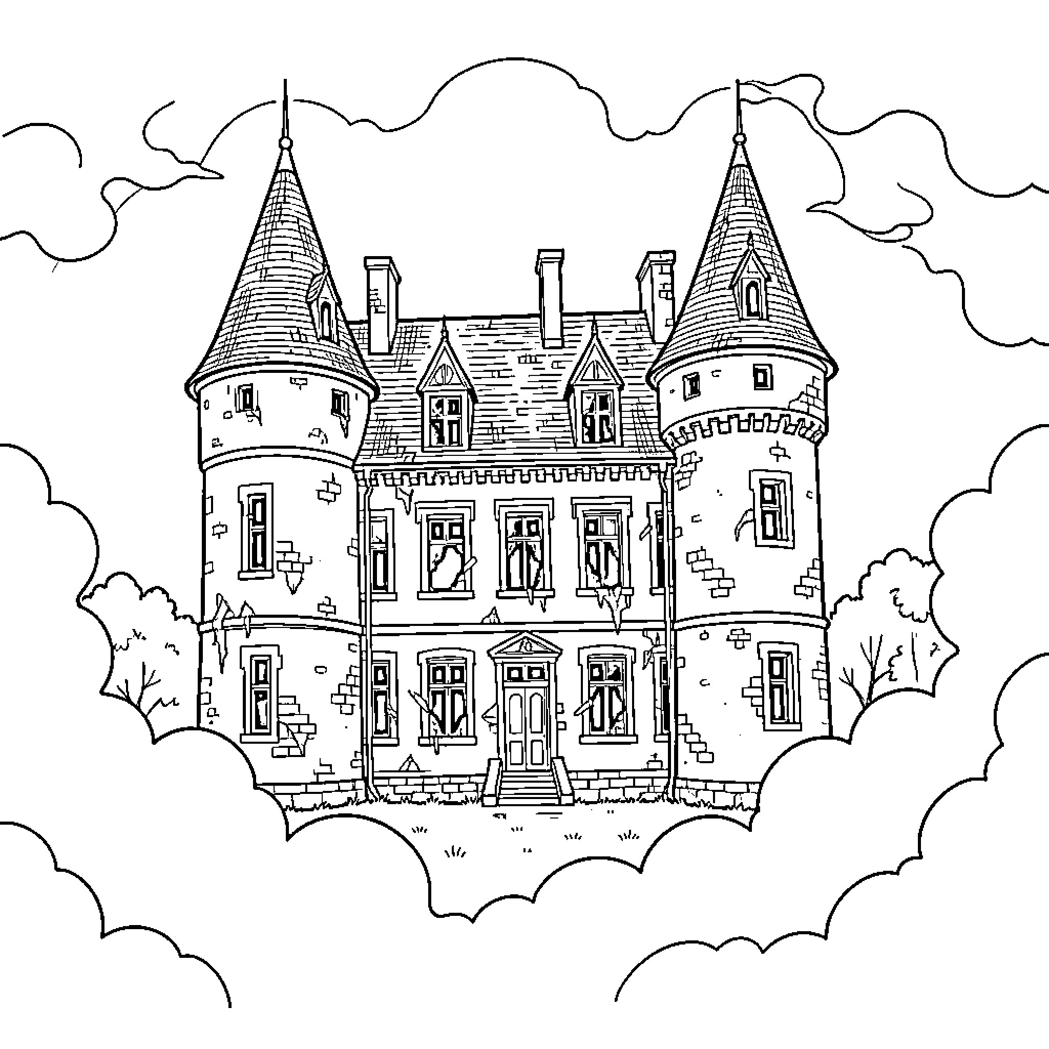 Château standing abandoned amidst swirling mist and clouds Coloring Page (free black-and-white line drawing printable PDF for all, from beginners to advanced learners, including children, teens, adults, and seniors)