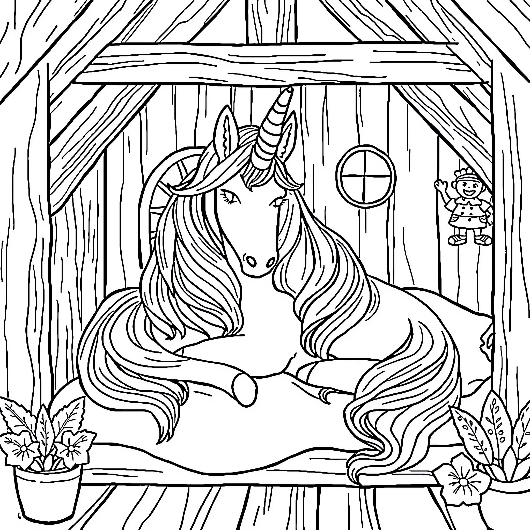 Unicorn resting peacefully in cozy cabin Coloring Page (free black-and-white line drawing printable PDF for all, from beginners to advanced learners, including children, teens, adults, and seniors)