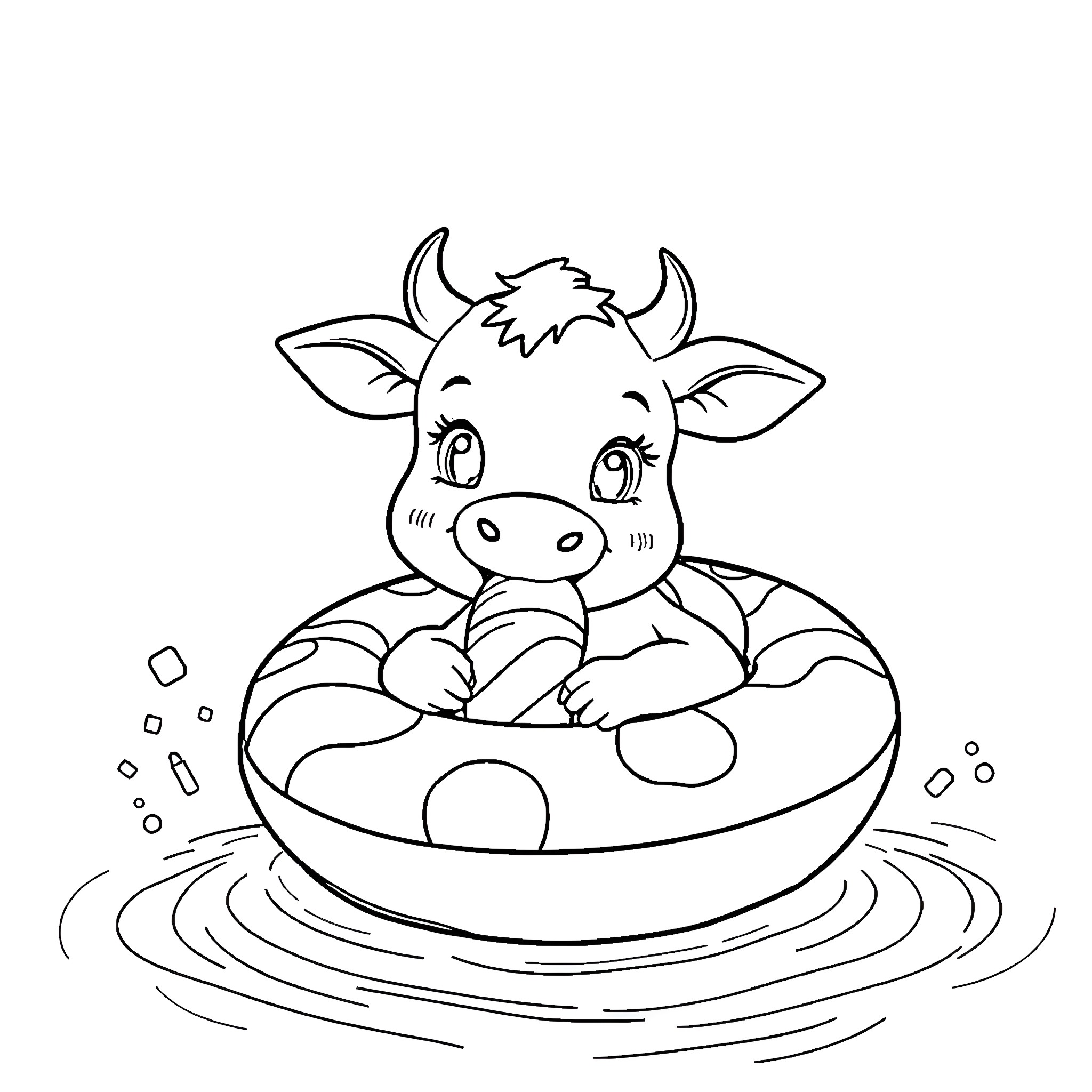 Cow playing in the water Coloring Page (free black-and-white line drawing printable PDF for all, from beginners to advanced learners, including children, teens, adults, and seniors)