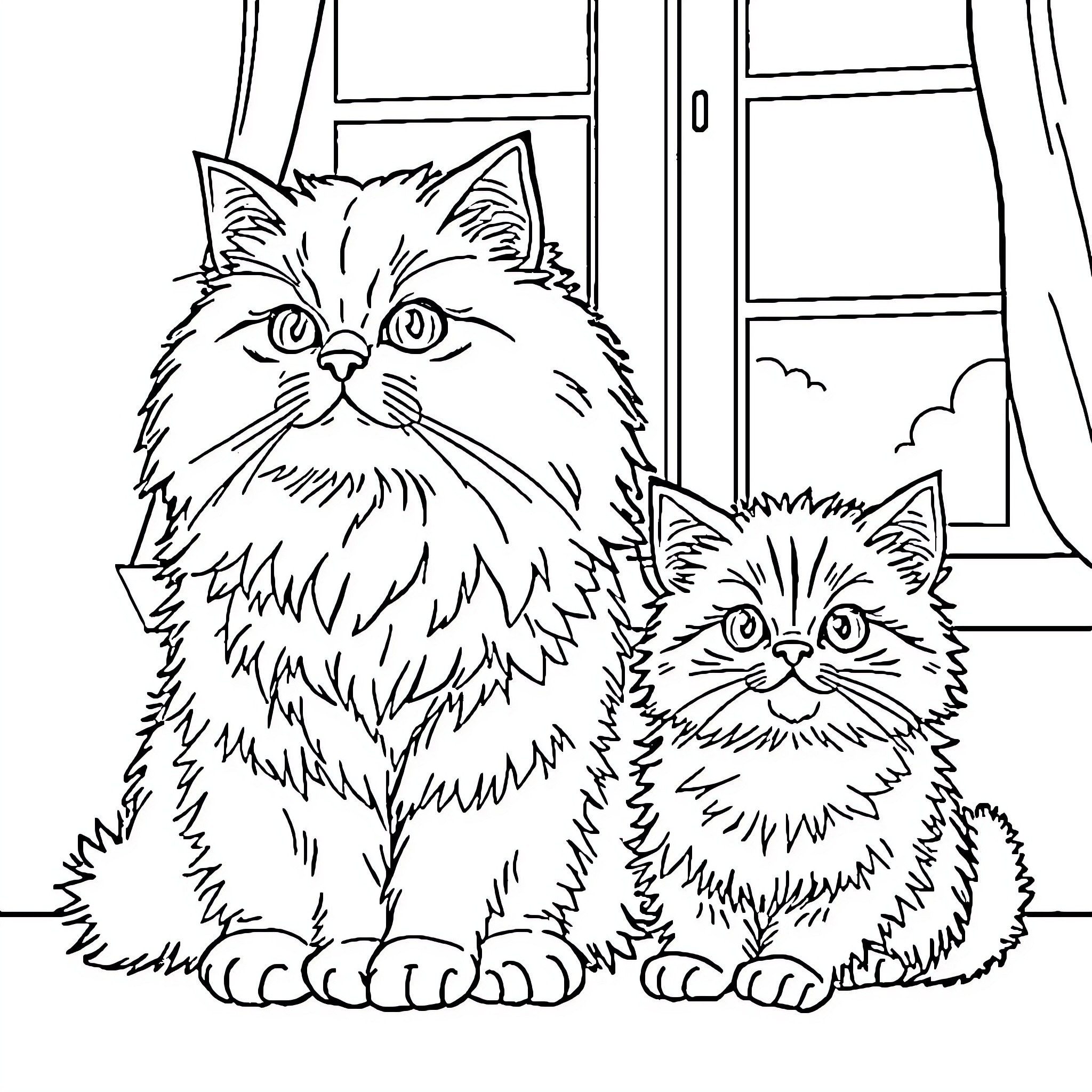 Persian Cats sitting by the window Coloring Page (free black-and-white line drawing printable PDF for all, from beginners to advanced learners, including children, teens, adults, and seniors)
