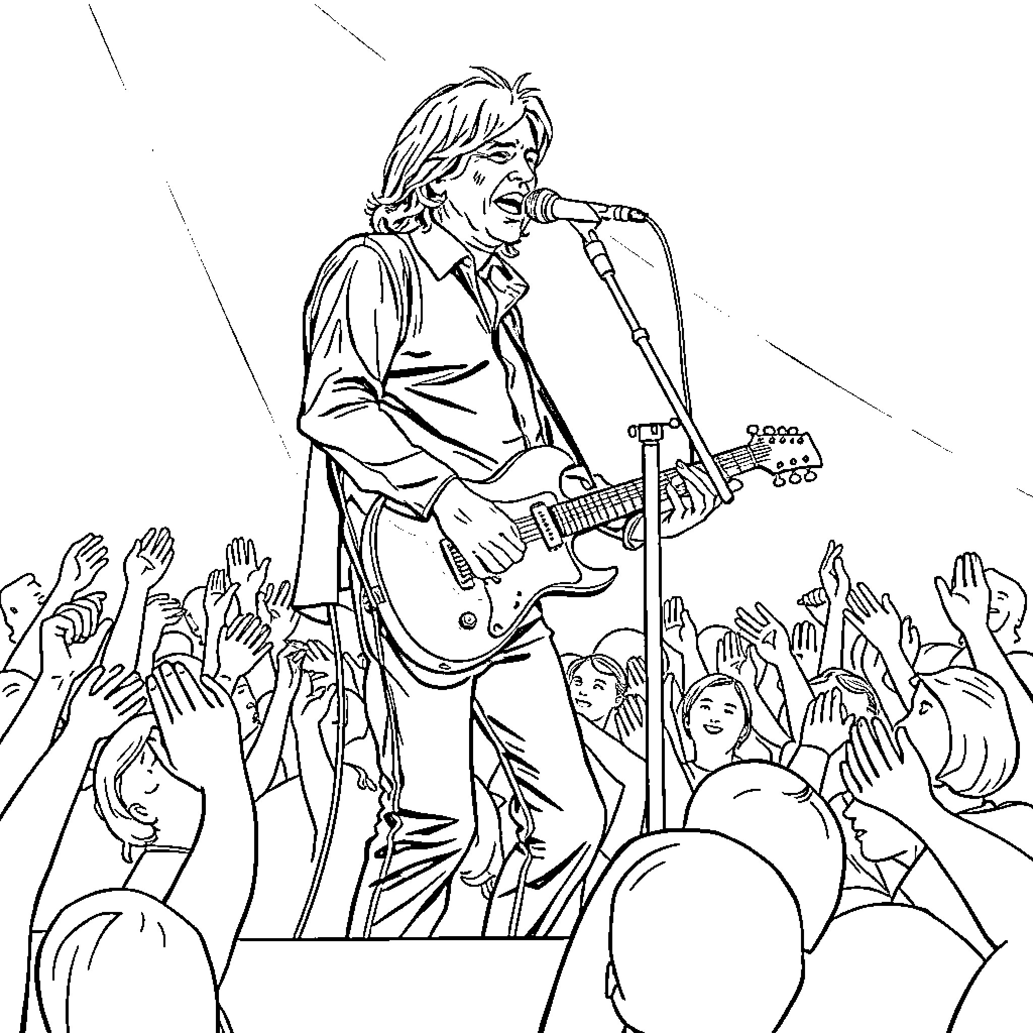 Tom Petty performing on stage with enthusiastic crowd Coloring Page (free black-and-white line drawing printable PDF for all, from beginners to advanced learners, including children, teens, adults, and seniors)