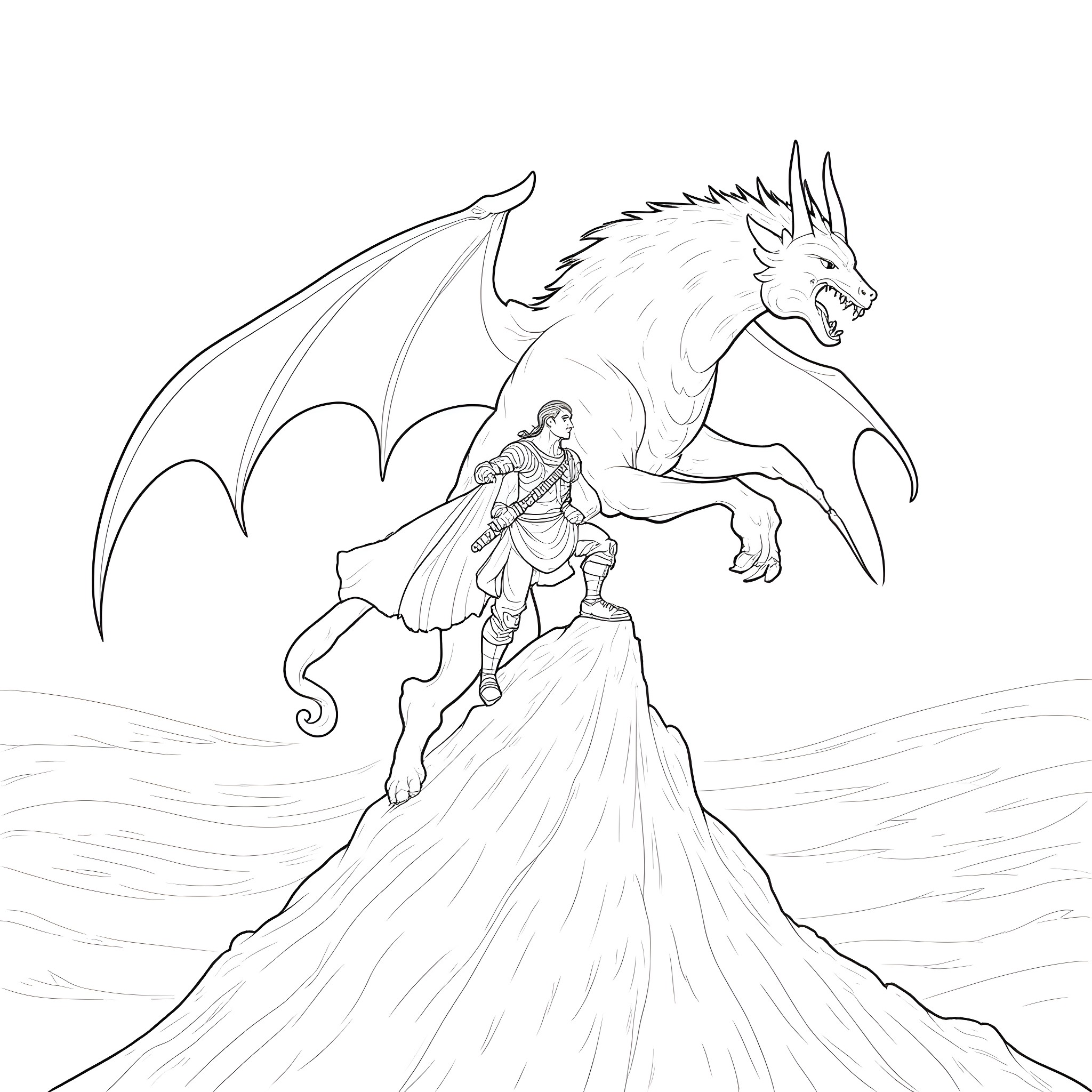 Faenor and the Majestic Dragon on the Mountain Coloring Page (free black-and-white line drawing printable PDF for all, from beginners to advanced learners, including children, teens, adults, and seniors)