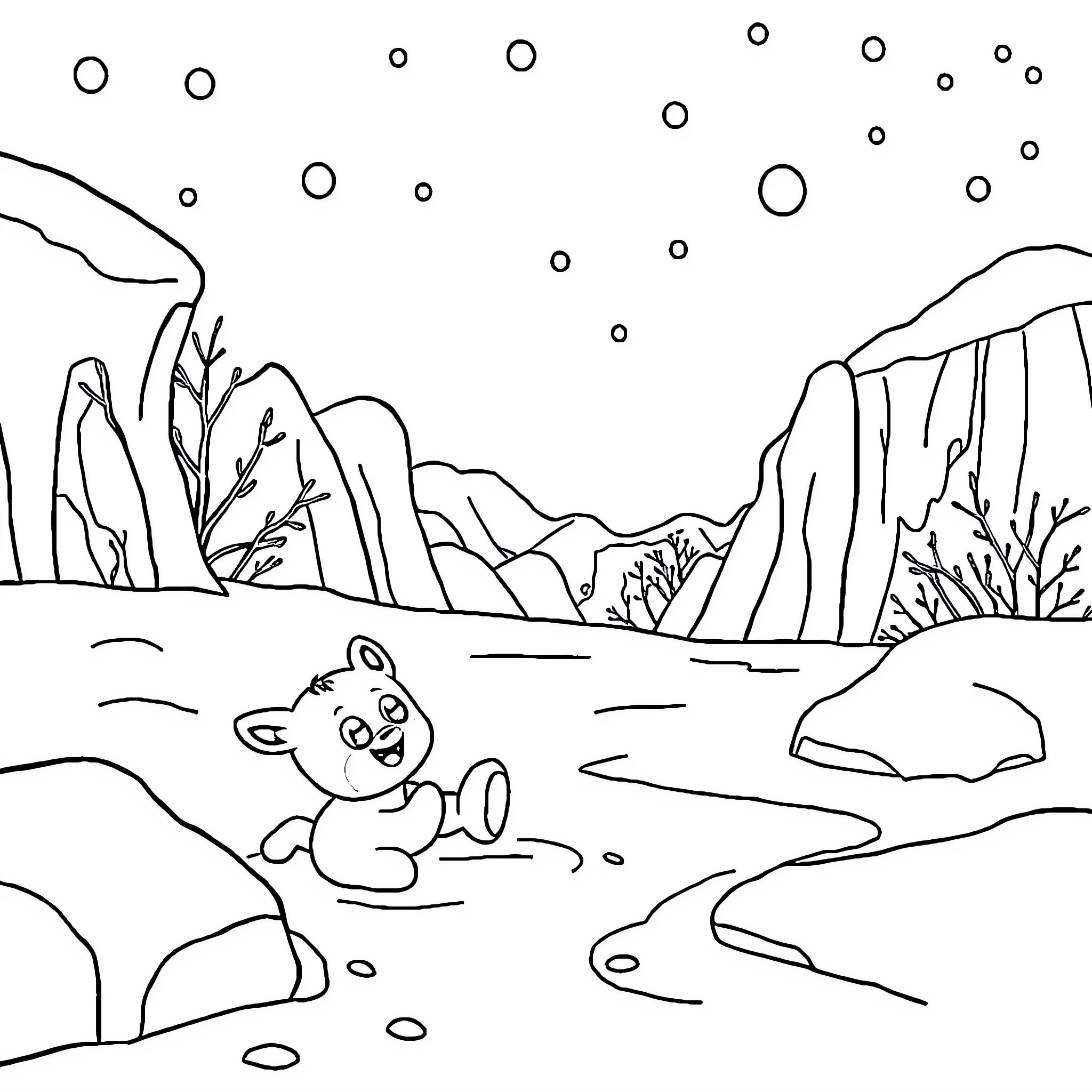 Frozen playtime in the winter wonderland Coloring Page (free black-and-white line drawing printable PDF for all, from beginners to advanced learners, including children, teens, adults, and seniors)