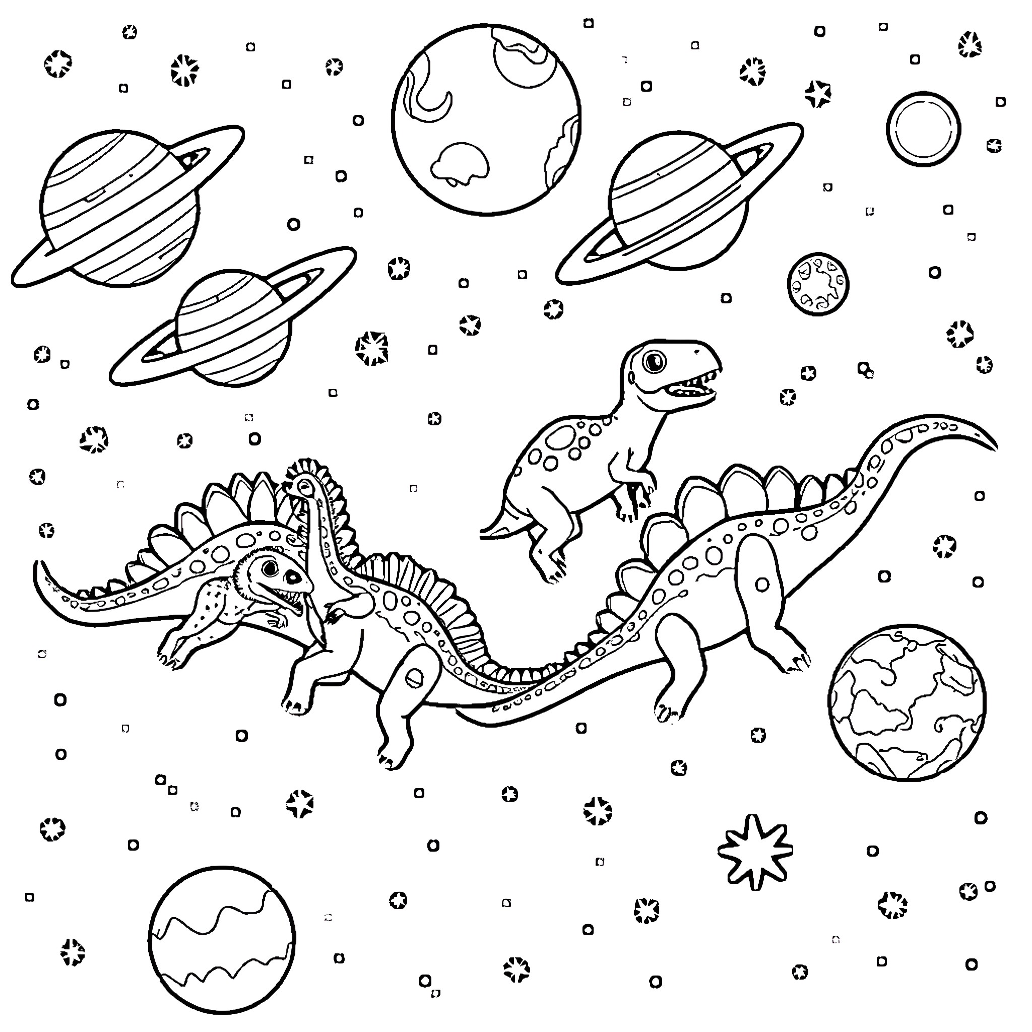 Dinosaur Exploration in Cosmic Space Coloring Page (free black-and-white line drawing printable PDF for all, from beginners to advanced learners, including children, teens, adults, and seniors)