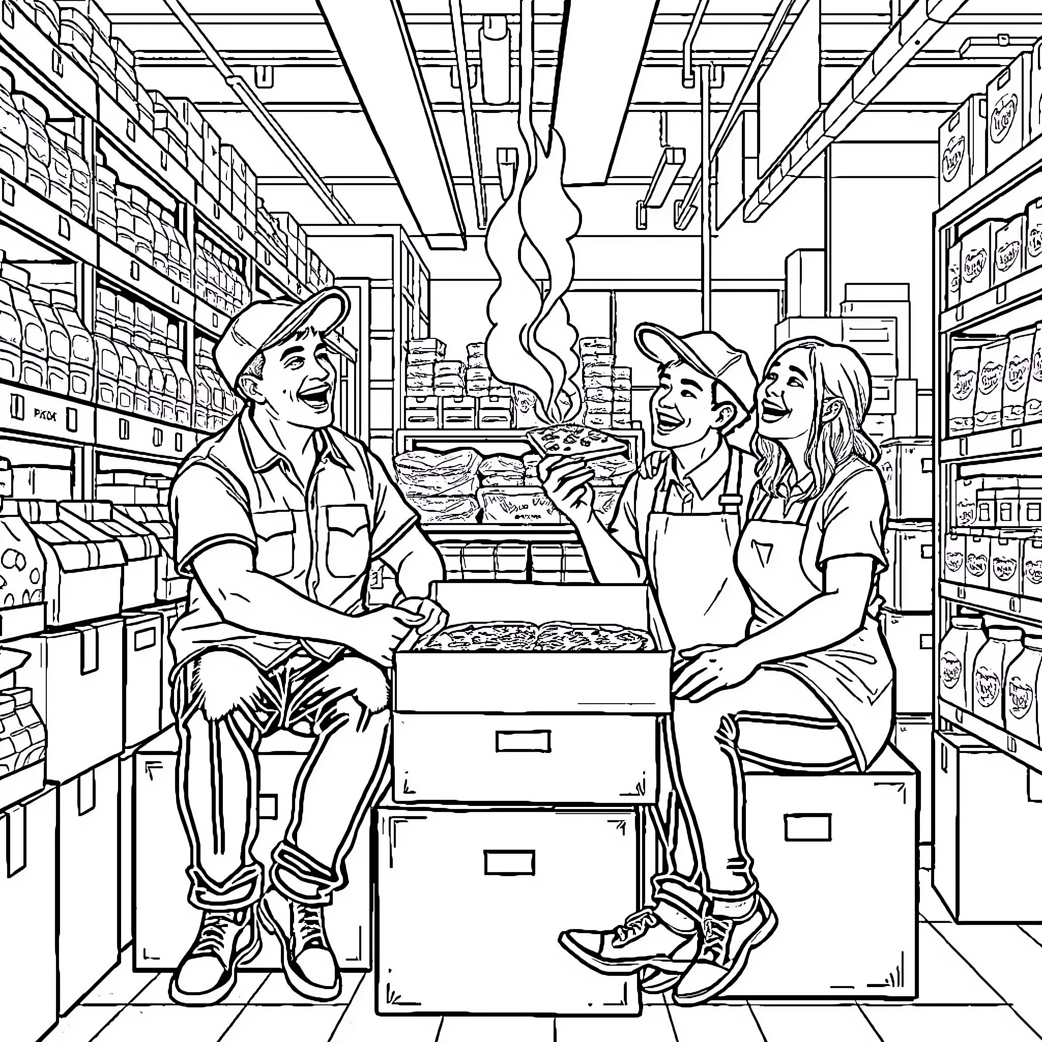 Worker team collaborating in a warehouse setting Coloring Page (free black-and-white line drawing printable PDF for all, from beginners to advanced learners, including children, teens, adults, and seniors)