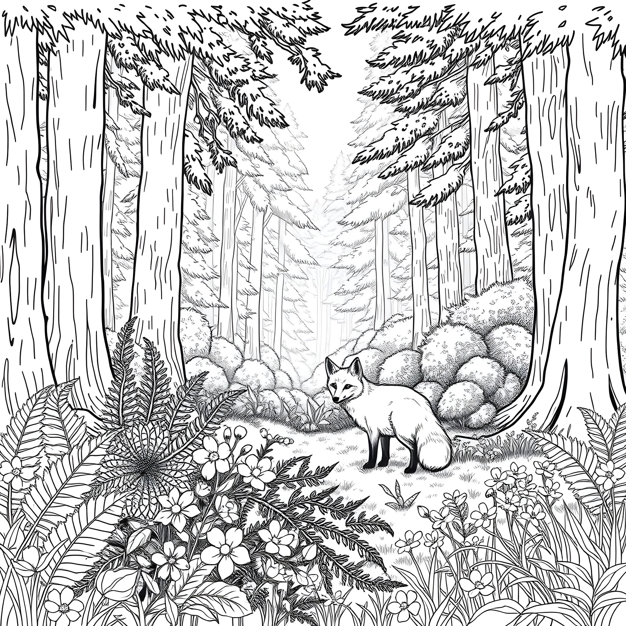 Fox in the Enchanted Woodland Coloring Page (free black-and-white line drawing printable PDF for all, from beginners to advanced learners, including children, teens, adults, and seniors)