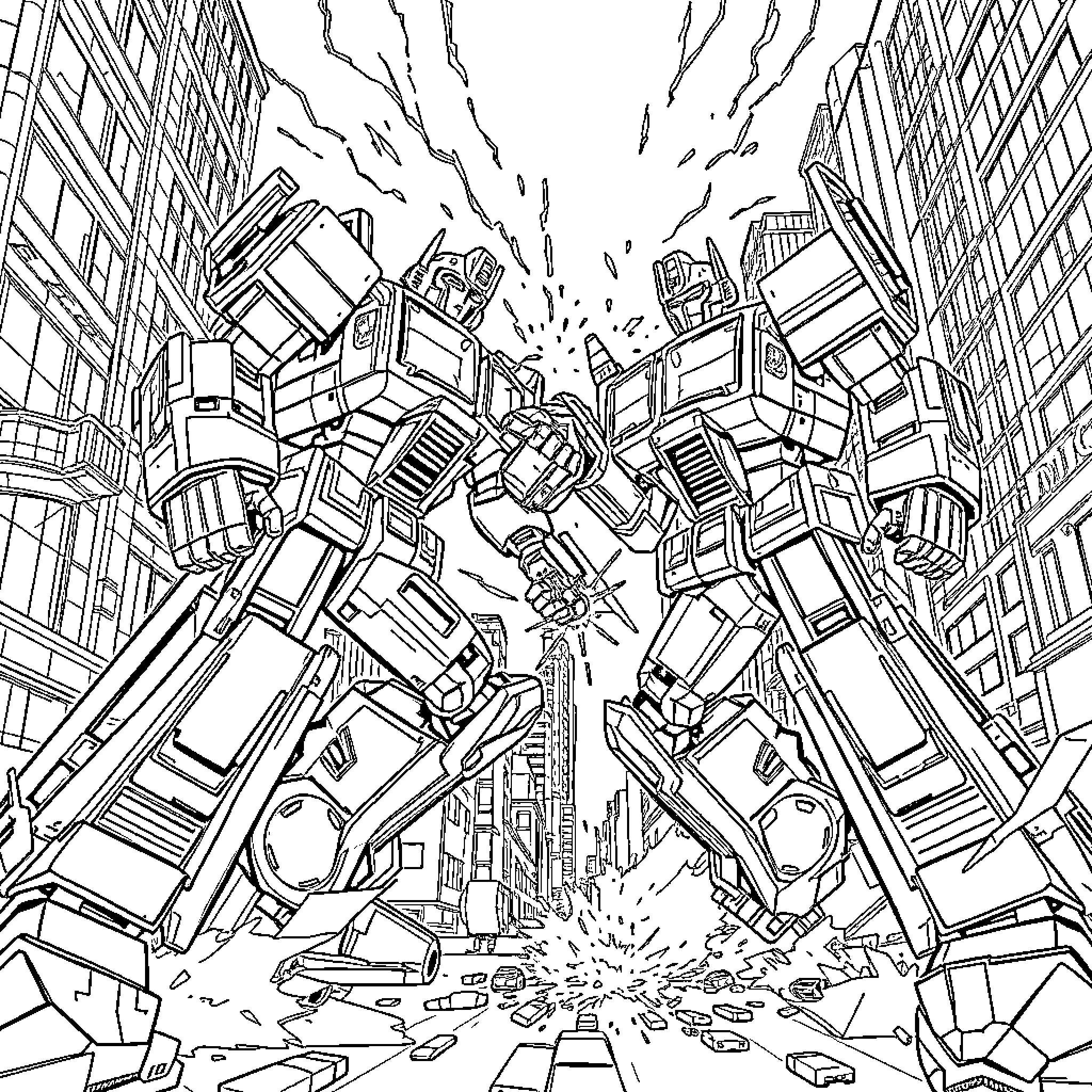 Transformer robots battling in the city Coloring Page (free black-and-white line drawing printable PDF for all, from beginners to advanced learners, including children, teens, adults, and seniors)