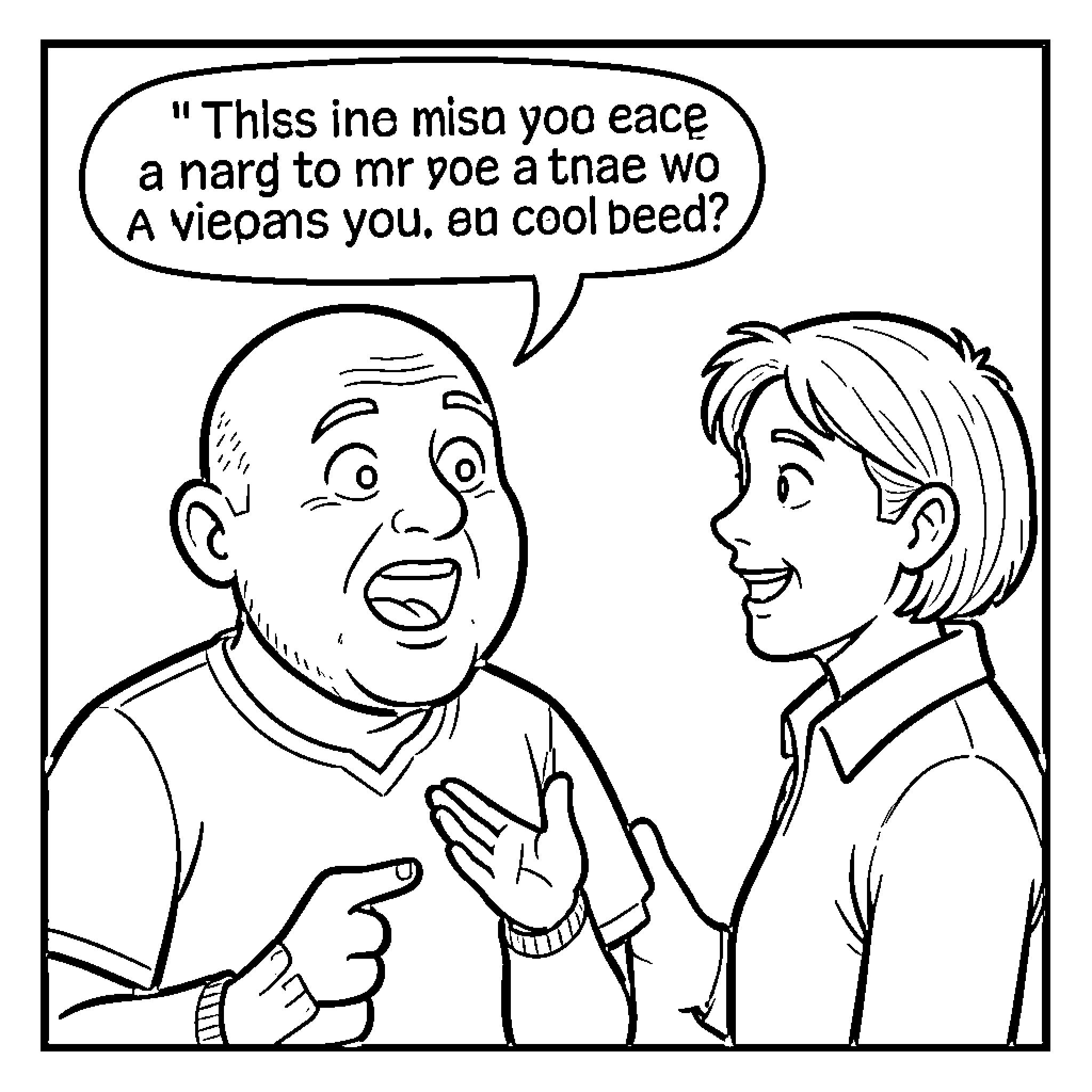 P-Head man speaking excitedly to a smiling young person Coloring Page (free black-and-white line drawing printable PDF for all, from beginners to advanced learners, including children, teens, adults, and seniors)