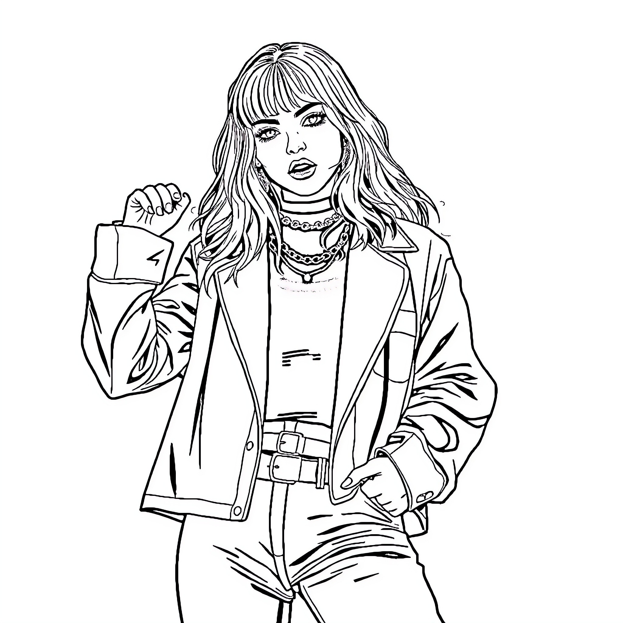 Billie Eilish in casual stylish attire Coloring Page (free black-and-white line drawing printable PDF for all, from beginners to advanced learners, including children, teens, adults, and seniors)