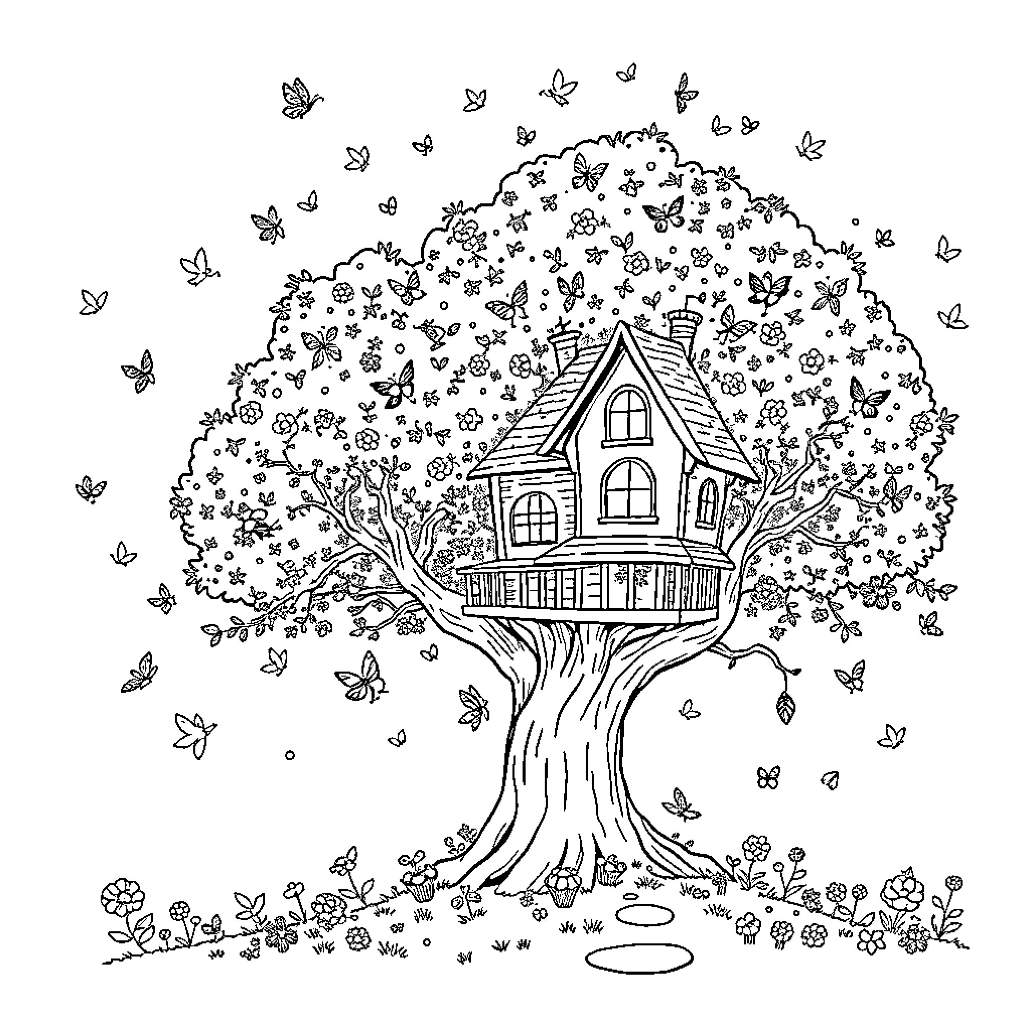 Tree house with butterflies and flowers Coloring Page (free black-and-white line drawing printable PDF for all, from beginners to advanced learners, including children, teens, adults, and seniors)