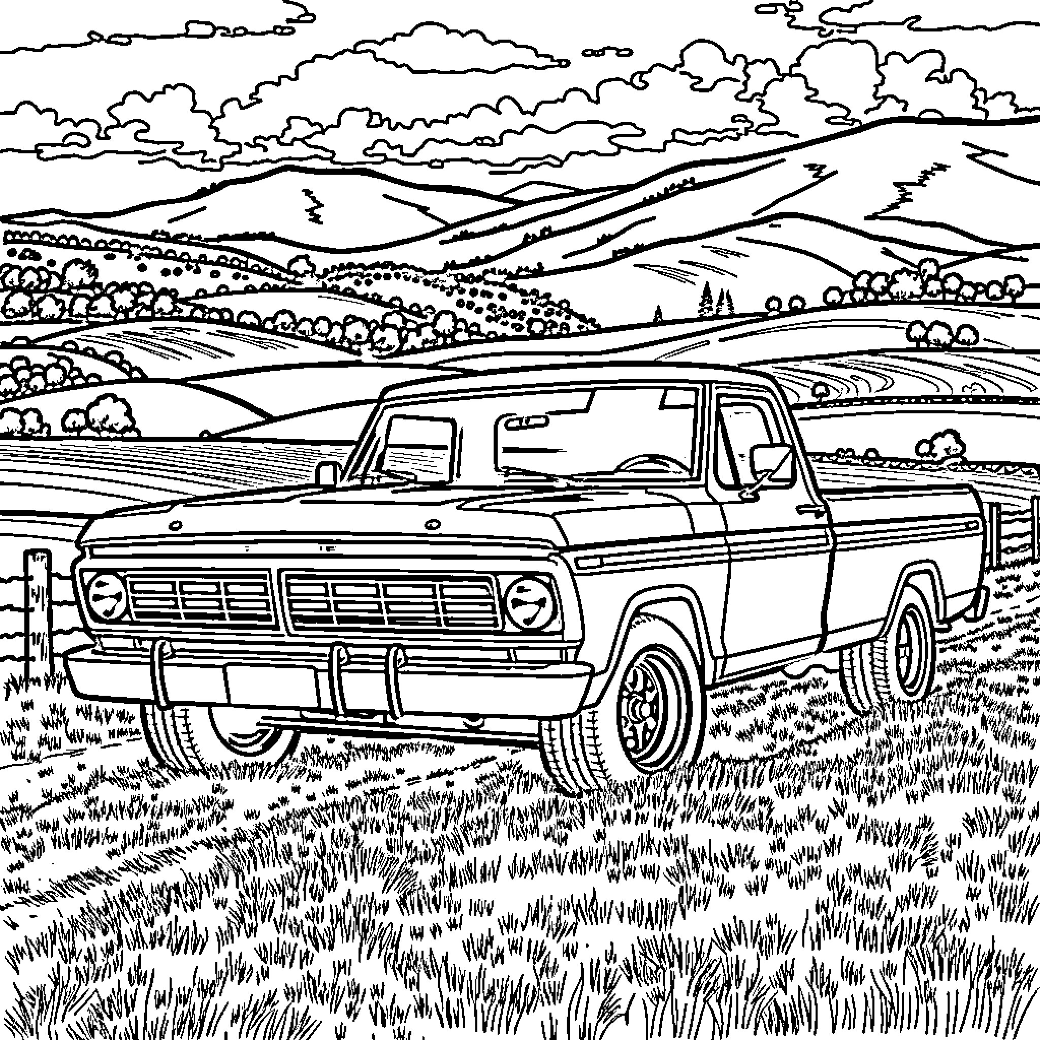 Ford F-100 pickup truck in rural landscape Coloring Page (free black-and-white line drawing printable PDF for all, from beginners to advanced learners, including children, teens, adults, and seniors)