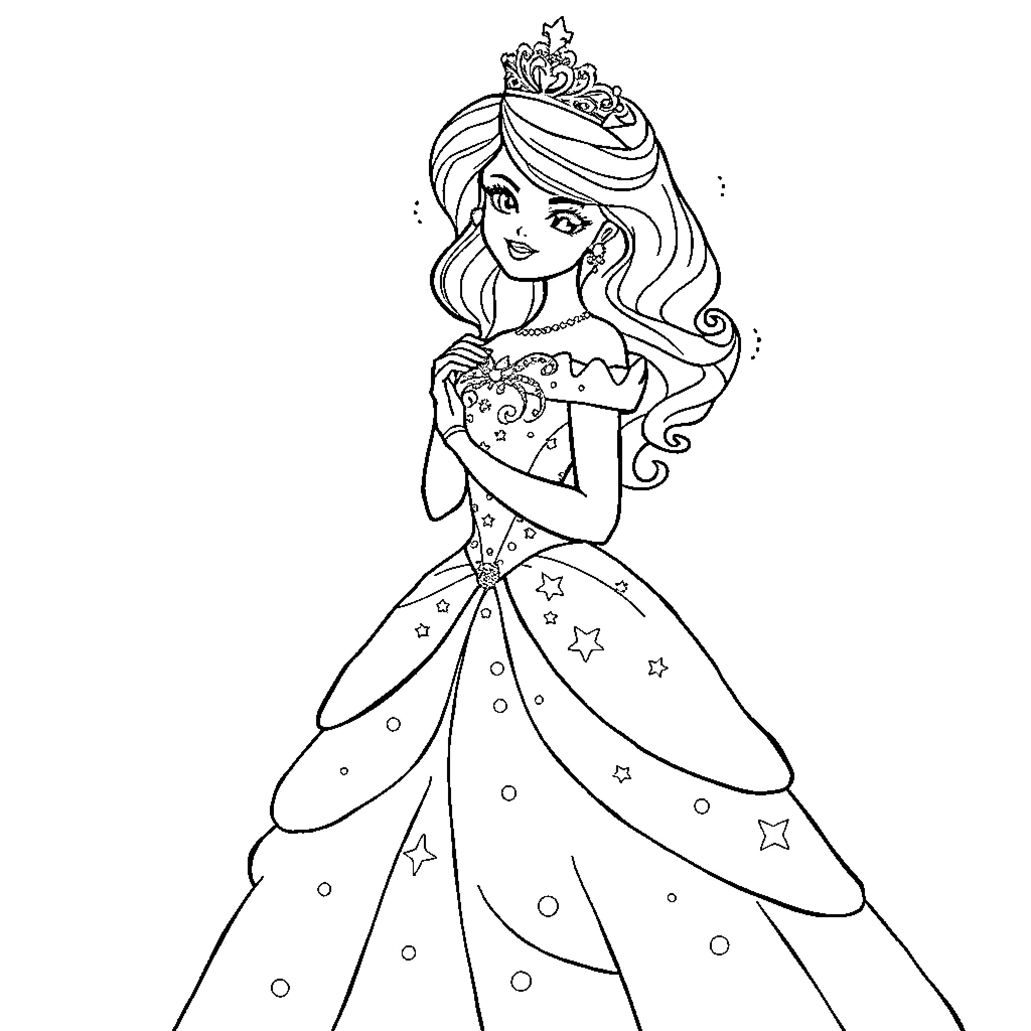 Princess in Sparkling Dress and Crown Coloring Page (free black-and-white line drawing printable PDF for all, from beginners to advanced learners, including children, teens, adults, and seniors)