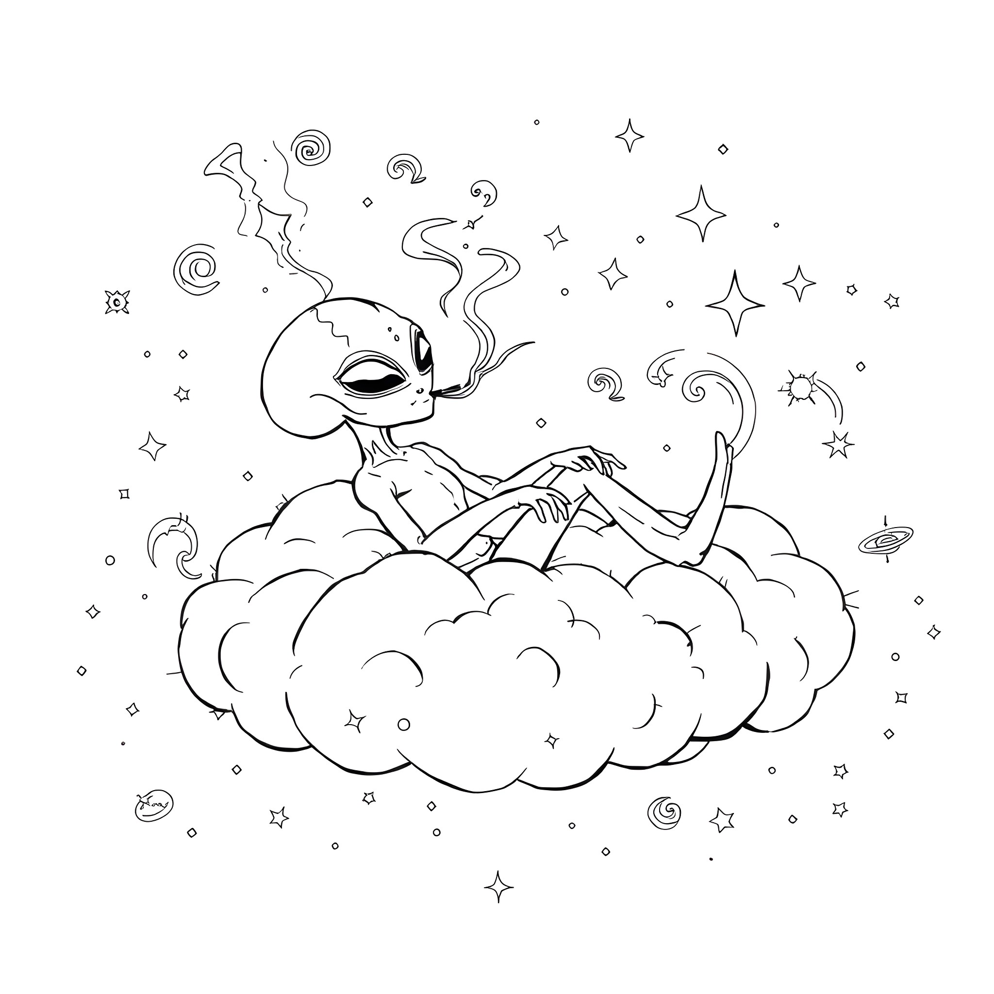 Alien lounging on a cloud amidst celestial motifs Coloring Page (free black-and-white line drawing printable PDF for all, from beginners to advanced learners, including children, teens, adults, and seniors)