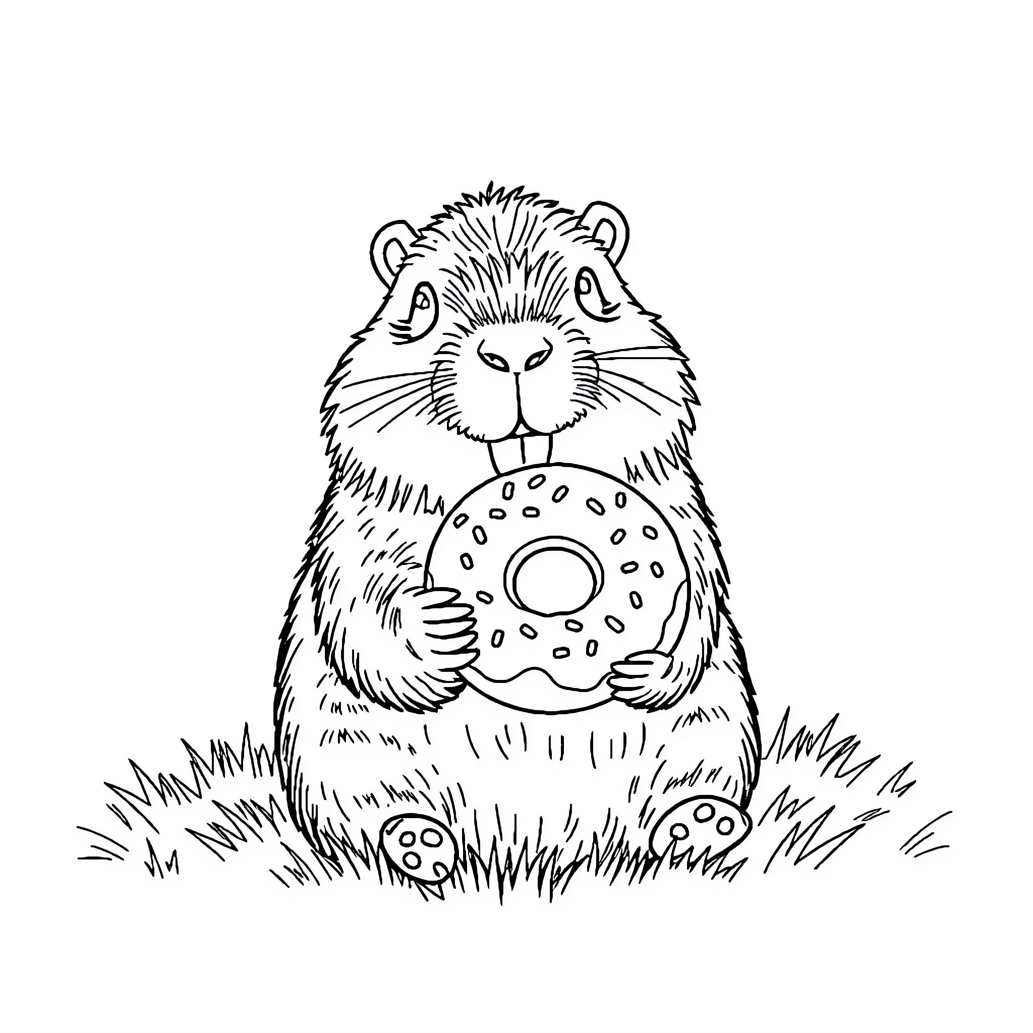 Capybara enjoying a sweet treat in the grass Coloring Page (free black-and-white line drawing printable PDF for all, from beginners to advanced learners, including children, teens, adults, and seniors)