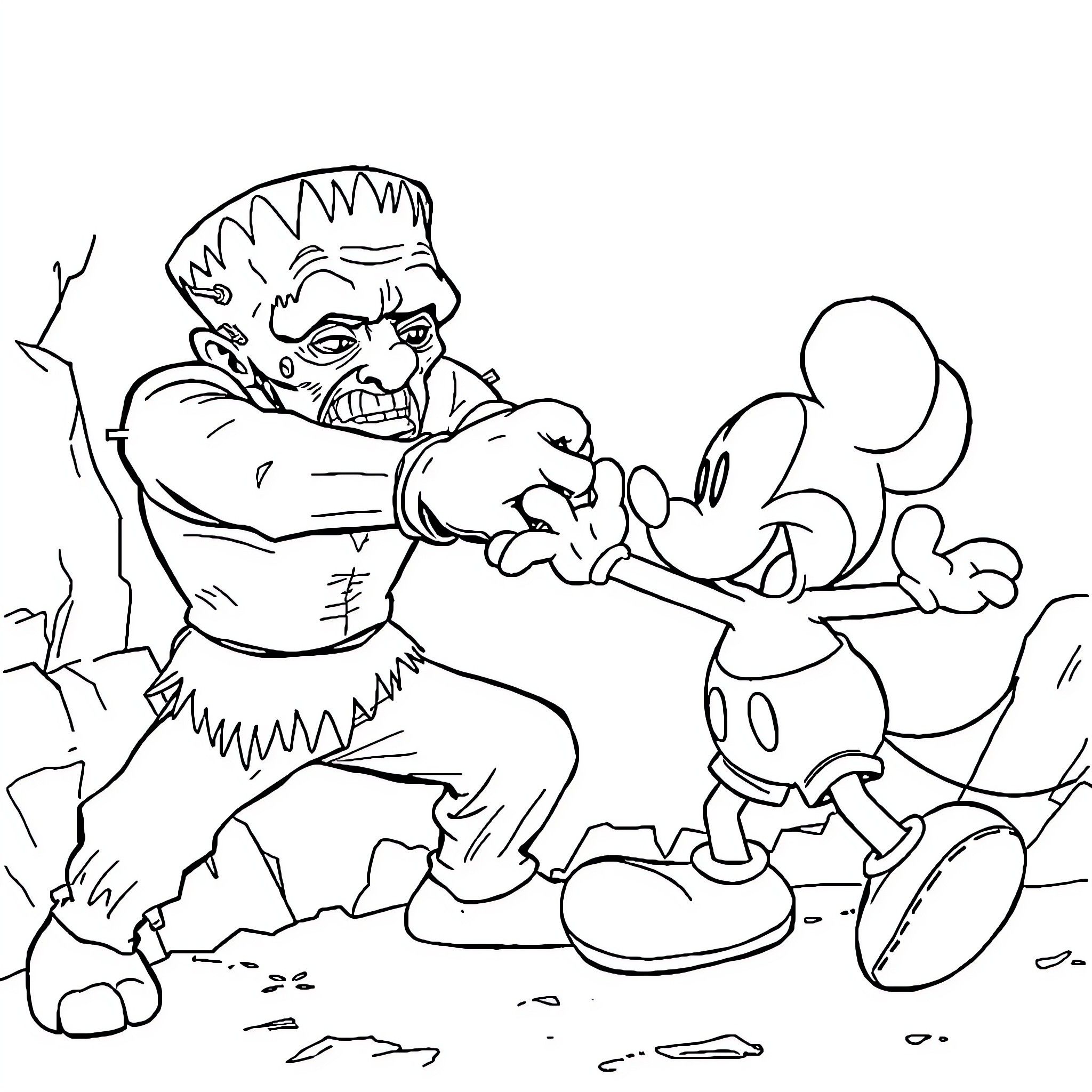 Frankenstein's Monster Confronts Mickey Mouse Coloring Page (free black-and-white line drawing printable PDF for all, from beginners to advanced learners, including children, teens, adults, and seniors)
