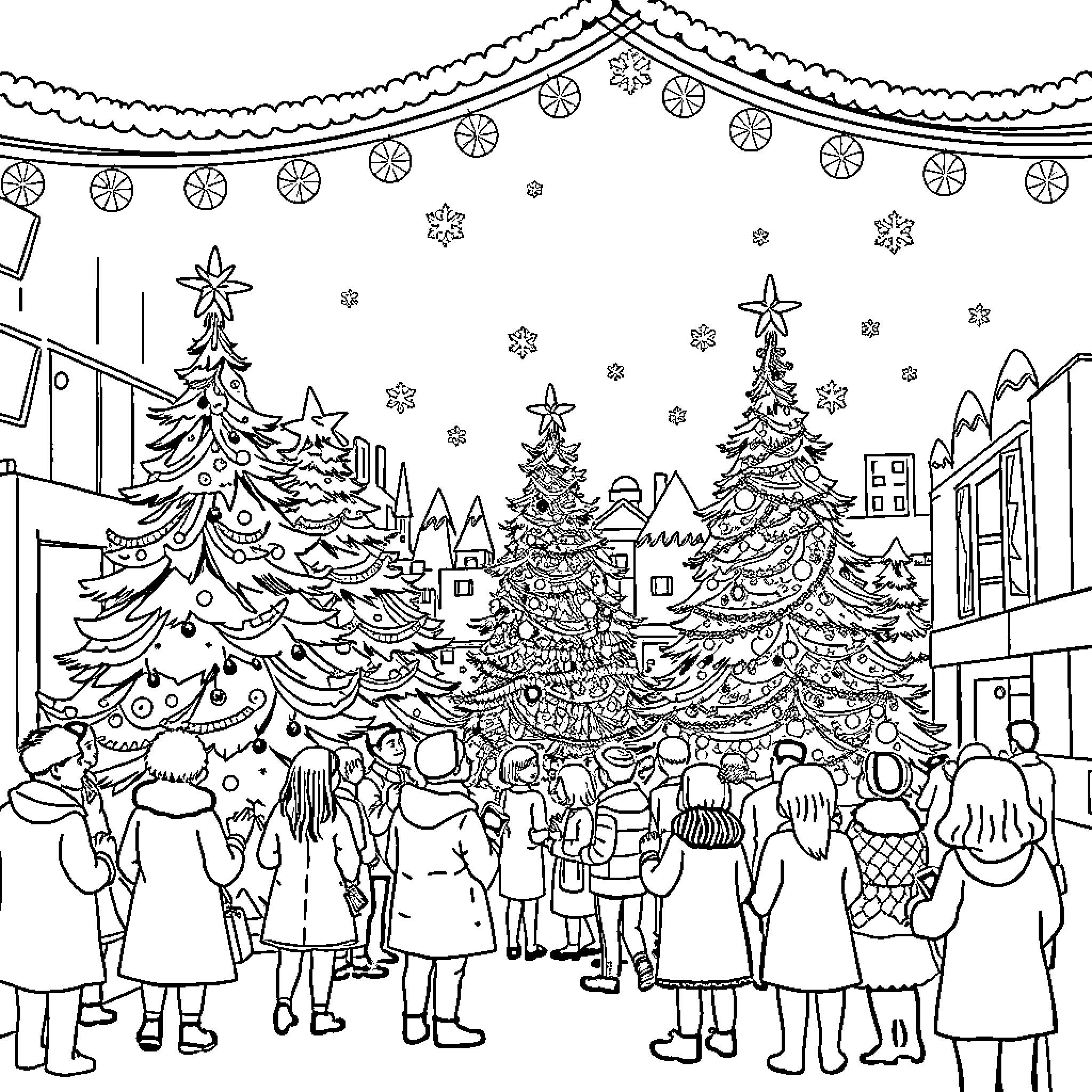 Noel's Festive Gathering in the Winter Wonderland Coloring Page (free black-and-white line drawing printable PDF for all, from beginners to advanced learners, including children, teens, adults, and seniors)