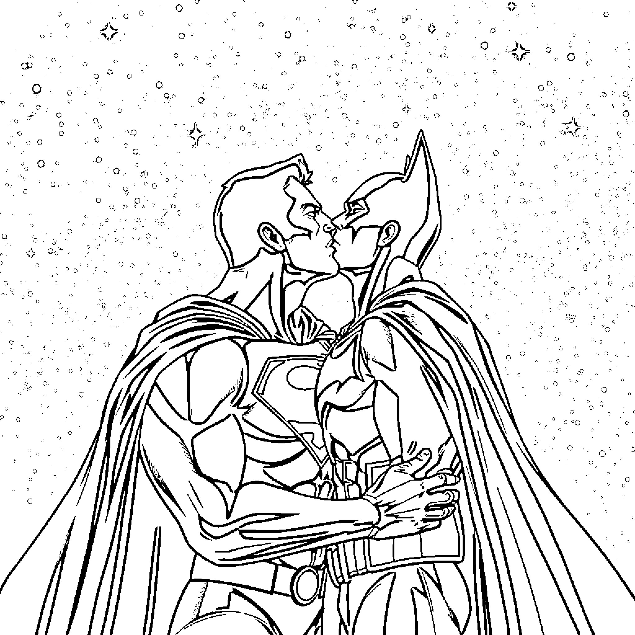 Superman embracing another superhero in snow Coloring Page (free black-and-white line drawing printable PDF for all, from beginners to advanced learners, including children, teens, adults, and seniors)