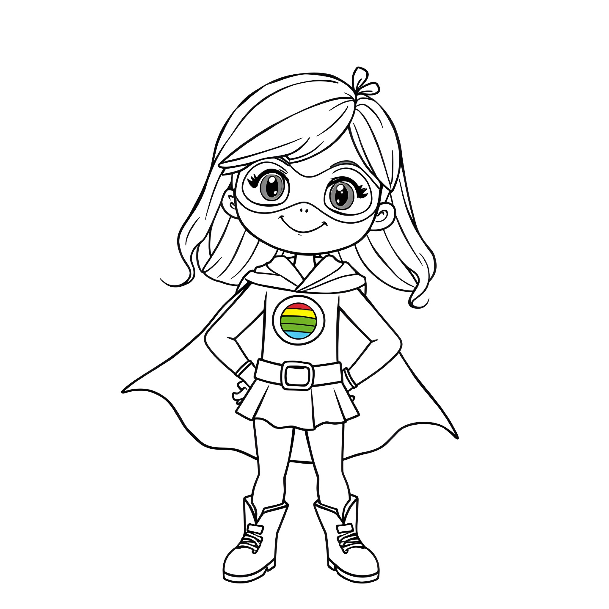 Rainbow Girl in Superhero Costume Coloring Page (free black-and-white line drawing printable PDF for all, from beginners to advanced learners, including children, teens, adults, and seniors)