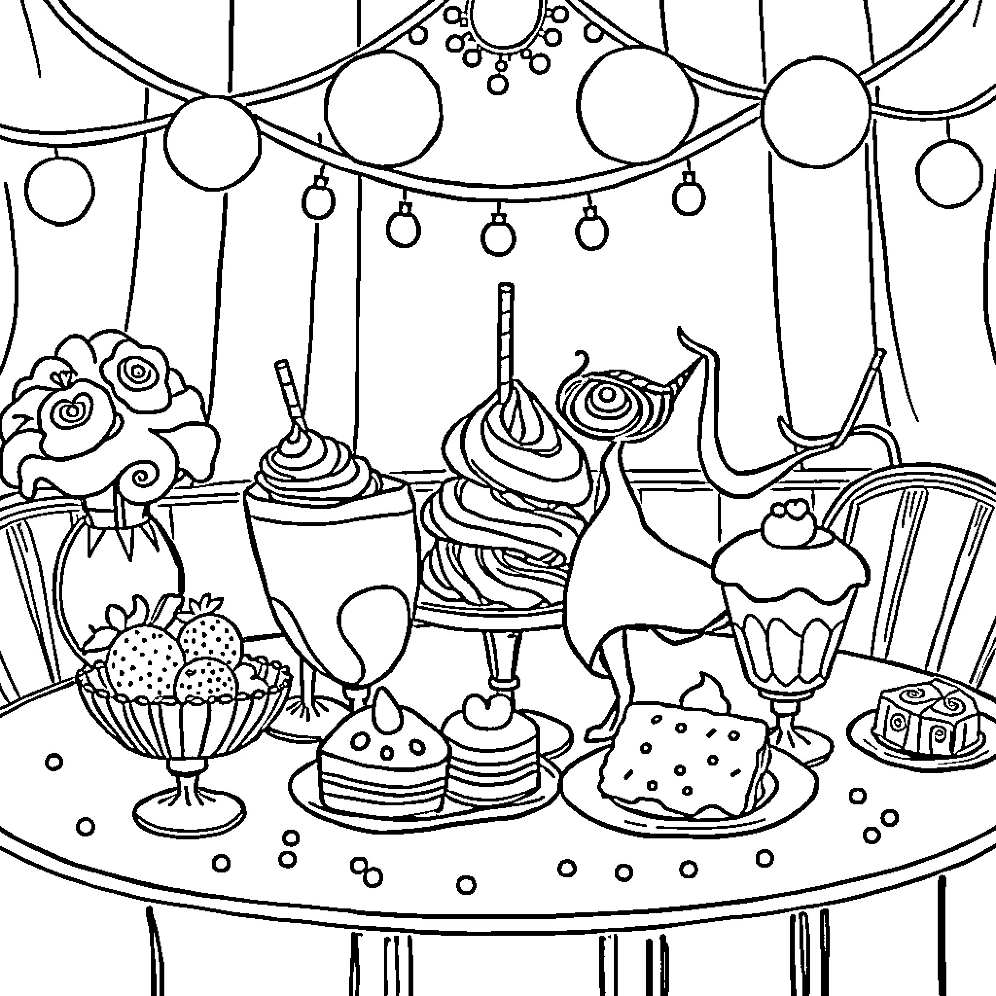 Dessert Celebration with Festive Decorations Coloring Page (free black-and-white line drawing printable PDF for all, from beginners to advanced learners, including children, teens, adults, and seniors)
