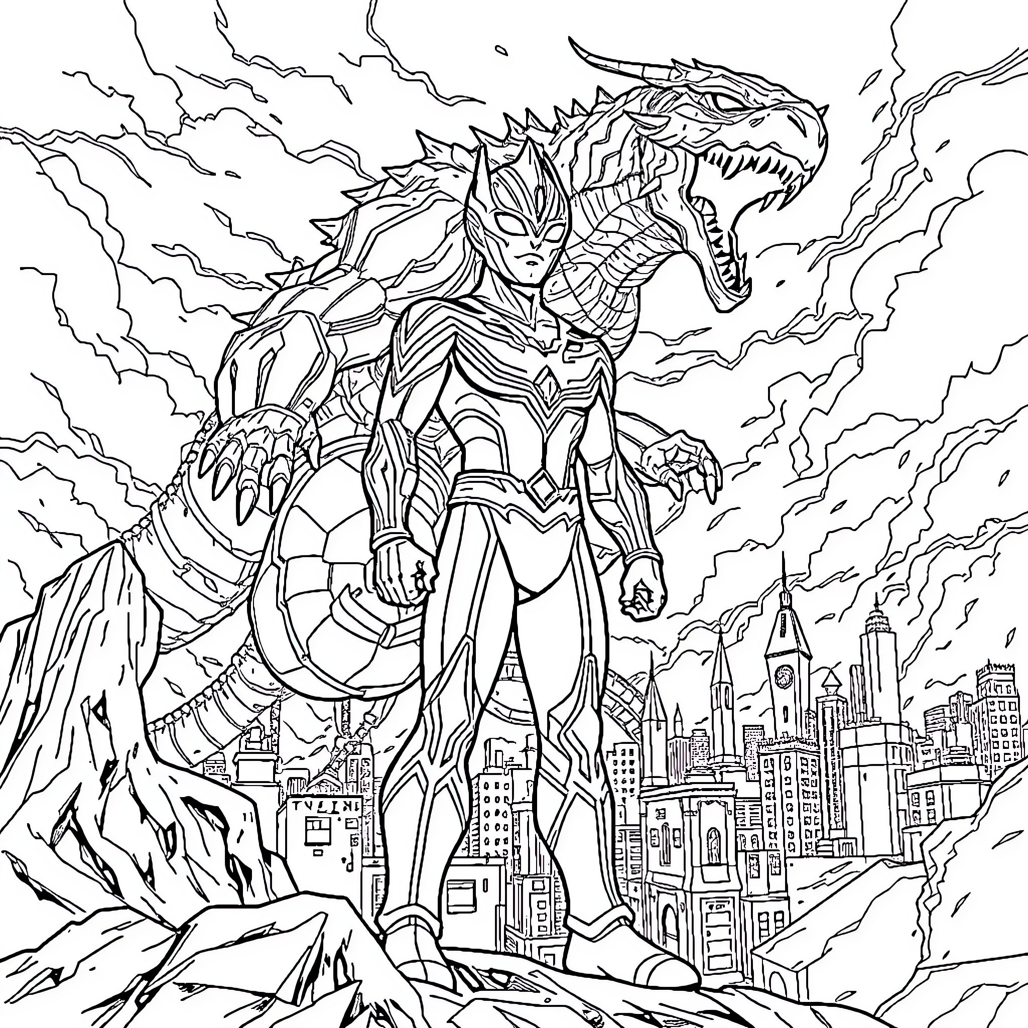 Ultraman Battles Colossal Monster over City Coloring Page (free black-and-white line drawing printable PDF for all, from beginners to advanced learners, including children, teens, adults, and seniors)