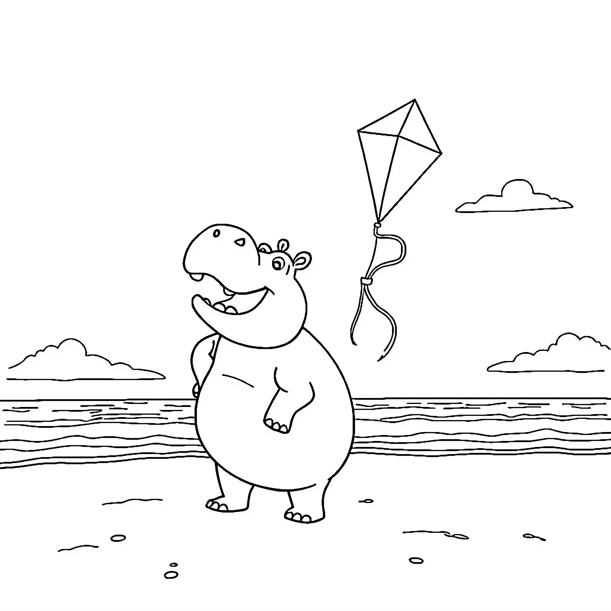 Hippo flying a kite by the beach Coloring Page (free black-and-white line drawing printable PDF for all, from beginners to advanced learners, including children, teens, adults, and seniors)